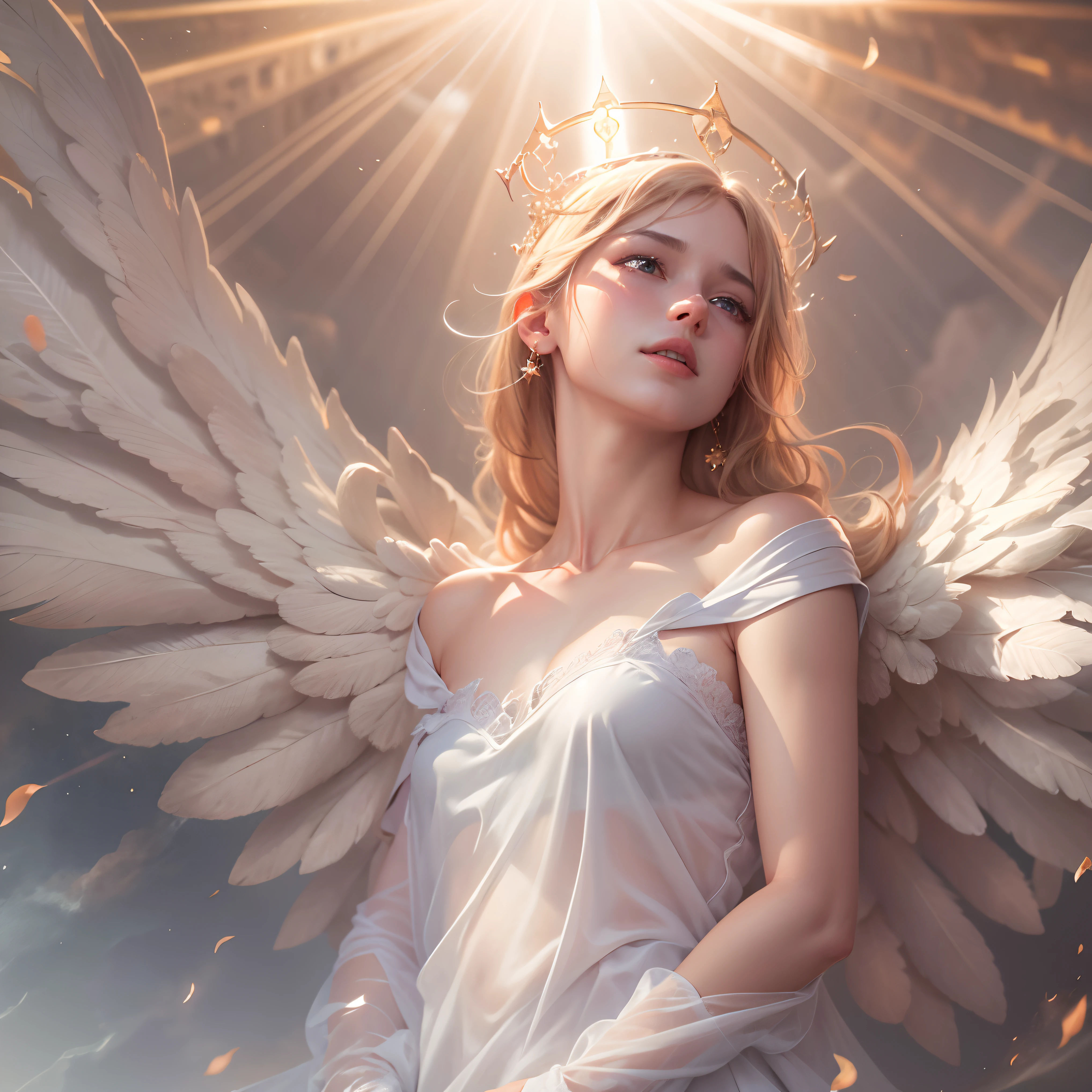 masterpiece, top quality, 8K, real person, realistic, very dense CG, shiny skin, fully focused, heaven, divine glory, radiant, angel, blessing, happiness,
