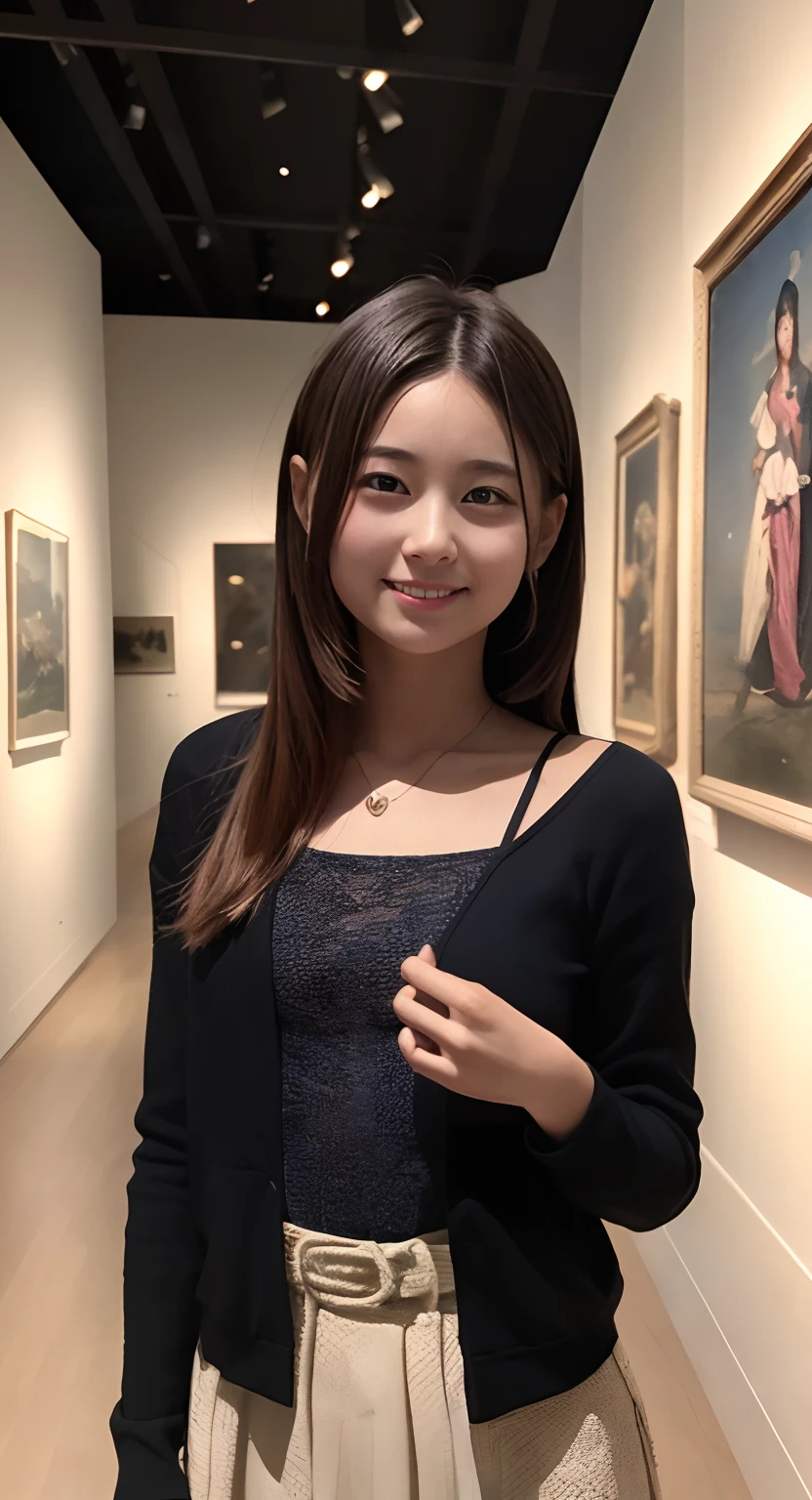 (top-quality、masterpiece:1.2)、Best Quality、realisitic、photoshot、hight resolution、1080p、8K、Textured skin、Physical Rendering、1 Japan Girls、High school students、kawaii、Young Face、Rolled hair、(Inside the museum:1.5)、Autumn outfit、full of shyness、smil、Big