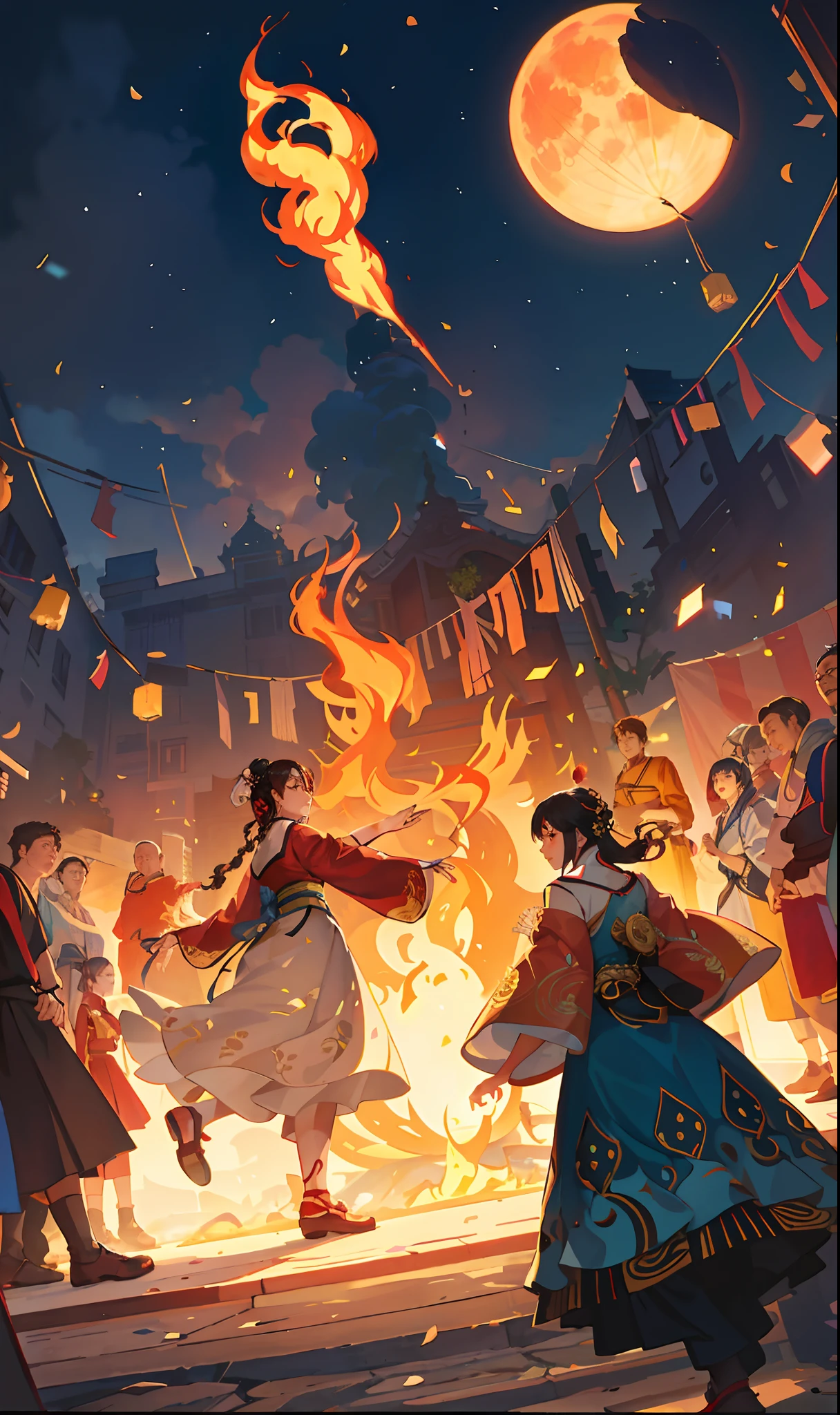 Photos taken from video games,A girl dressed in Hanfu dances in front of a crowd, Illustration of a group of people dancing around the fire on Chinese National Day,The background is the full moon。, A beautiful artwork illustration, author:Ryan Yee, rob rey and kentarõ miura style, Sachin Teng, atey ghailan 8 k, in style of atey ghailan, by Yang J, in the style of sachin teng, jen bartel, surrounded with fire