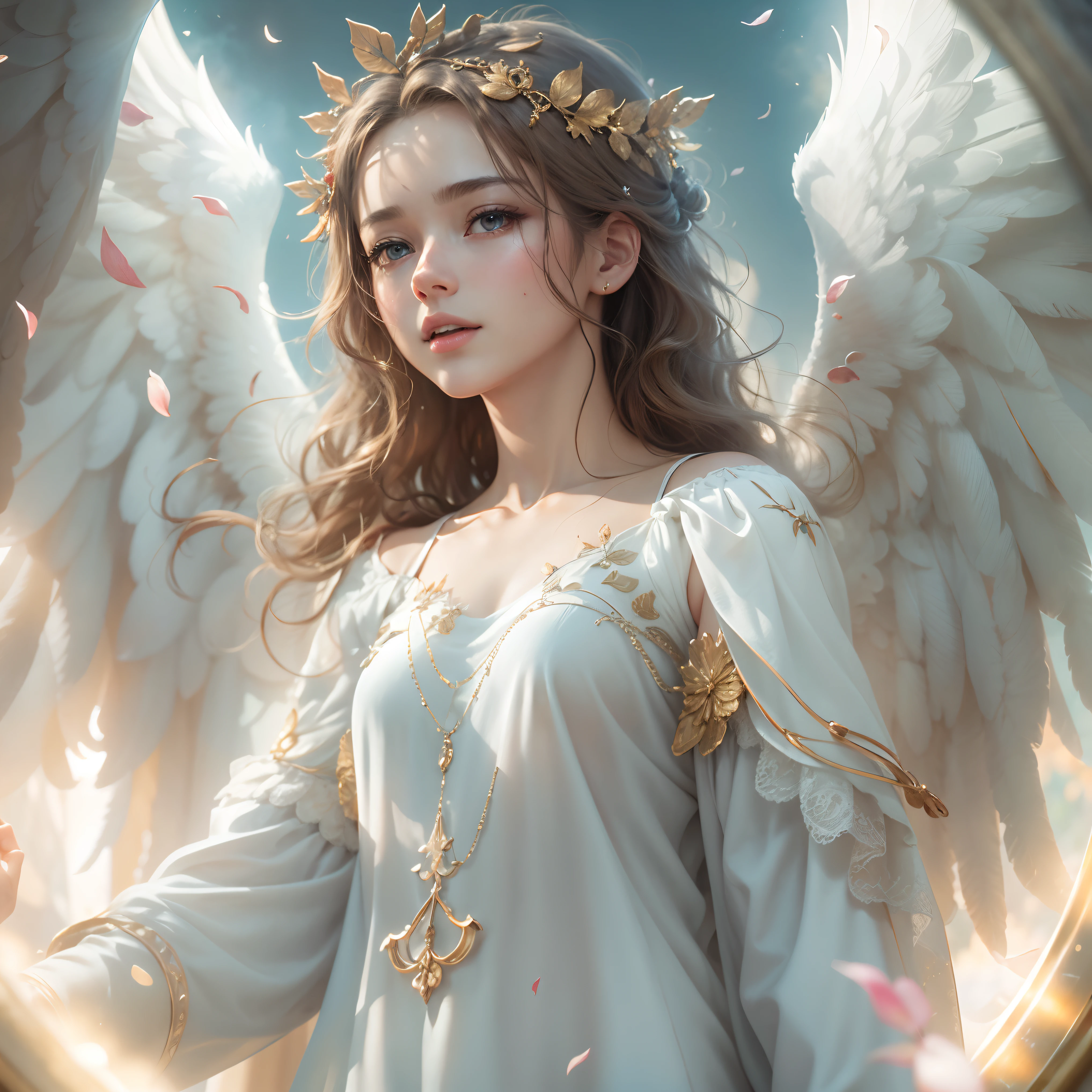 masterpiece, top quality, 8K, real person, realistic, very dense CG, shiny skin, fully focused, heaven, divine glory, radiant, angel, blessing, happiness,