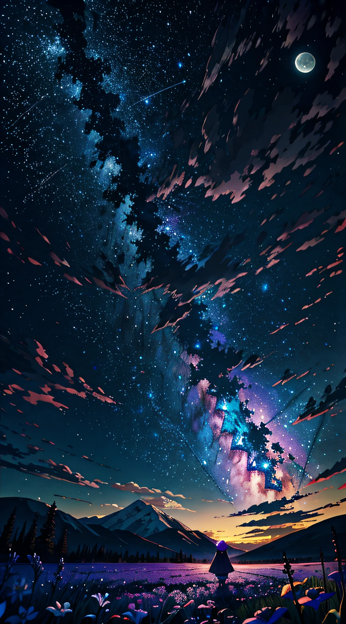 Vast landscape photos, (View from below with a view of the sky and the wilderness below), Little white bear standing in a flower field and looking up, (fullmoon: 1.2), (shooting stars: 0.9), (nebulas: 1.3), distant mountain, Tree Break Production Art, (Warm light source: 1.2), (firefly: 1.2), apples, Purple and orange, intricate detailes, Volume Lighting BREAK (masutepiece: 1.2), (Highest Quality ), 4K, Ultra-detailed, (Dynamic configuration: 1.4), Highly detailed and colorful details (iridescent: 1.2), (Sparkling lighting, Atmospheric lighting), Dreamy, Magical, (Solo: 1.2)