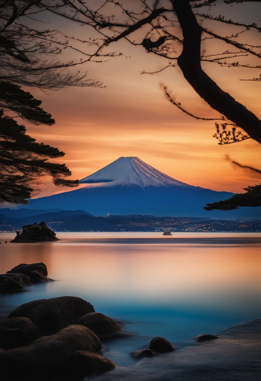 mont. mont. Fuji at sunrise can be seen beyond Enoshima Island