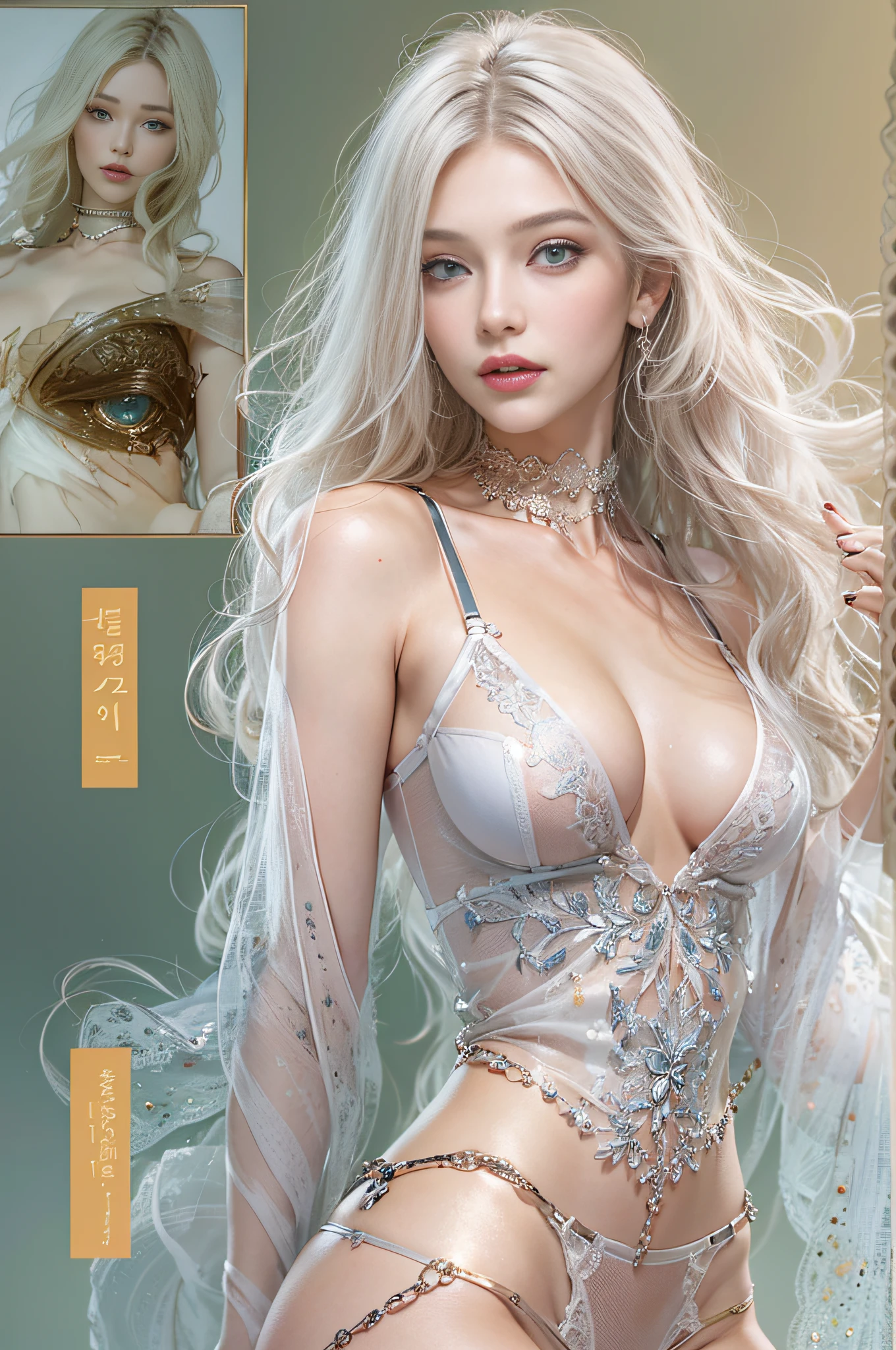 Photographic works,Photorealistic,Ultra-high resolution large files,8k HD CG wallpaper,Ultra-high pixel,Fine and delicate CG wallpaper,Clear and authentic details,Top women's art photography,High-level clarity of technical details:1.1,Clear skin texture and moist skin feel:1.1,Solo,dynamicposes,Sexy lingerie model,A mature and sexy woman,Royal sister style,Korea's top goddess,Long white-blond hair,White blonde hair,Clear, careful and realistic hair texture and strands:1.1,Delicate eyelash makeup,Fine, realistic eyes,Nice eyes,Aqua-blue pupils,tthin eyebrows,Super detailed eye works,Fine and careful facial makeup,Sexy red lips,The face of the royal sister,Detailed close-up of the face,Pretty face,Hydrated skin feeling,A perfectly proportioned face(Advanced face detailing:1.1)perfect body figure,Supermodel body shape,Victoria's Secret Angel,Perfect for sexy carcasses,Bigboobs(Perfect chest shape)Small man's waist(Skinny and beautiful thin waist)Cocked buttocks(Upturned and tight buttocks)Long legs(Perfectly proportioned leg shape),Victoria's Secret catwalk,sensual lingerie,sexy panty,Underwear supermodel catwalk,Victoria's Secret lingerie set,Leather boots,high-heels,jewelry:耳?????? Ring,choker necklace,Bracelet,Leg chains,waist chains,Victoria's Secret Angel,Victoria's Secret supermodel,Sexy female artwork,真实感,Stunning work,韓国アイドル,Mature female photography,full-body view,Whole body diagram,Fantasy artwork,Fine top work,Advanced detail work