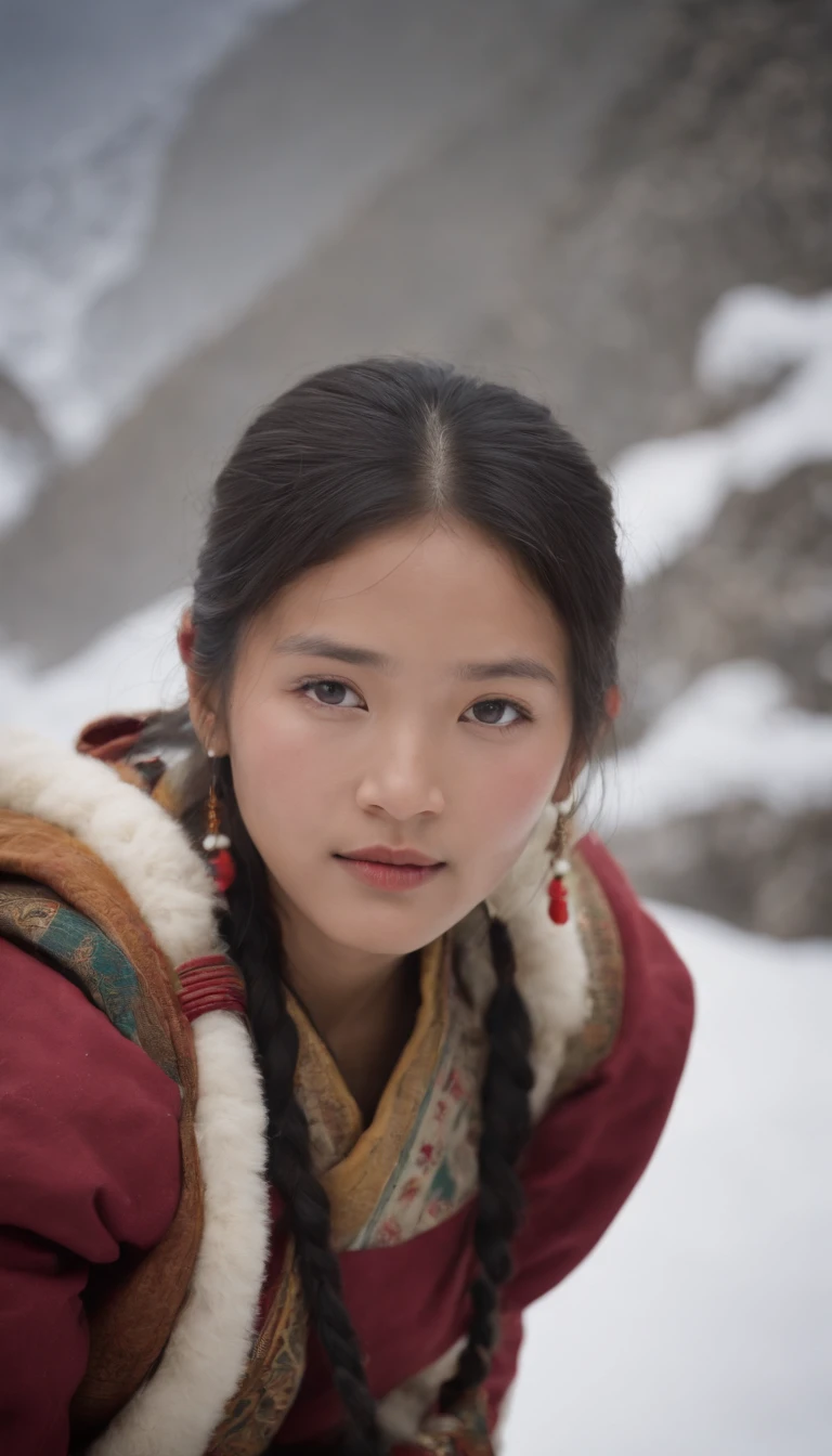 Tibetten cute girl, Tibetan snow , 2000,White smoke, Full of movement,Hasselblad, National Geographic photo, Semi-body shot, high-quality photo