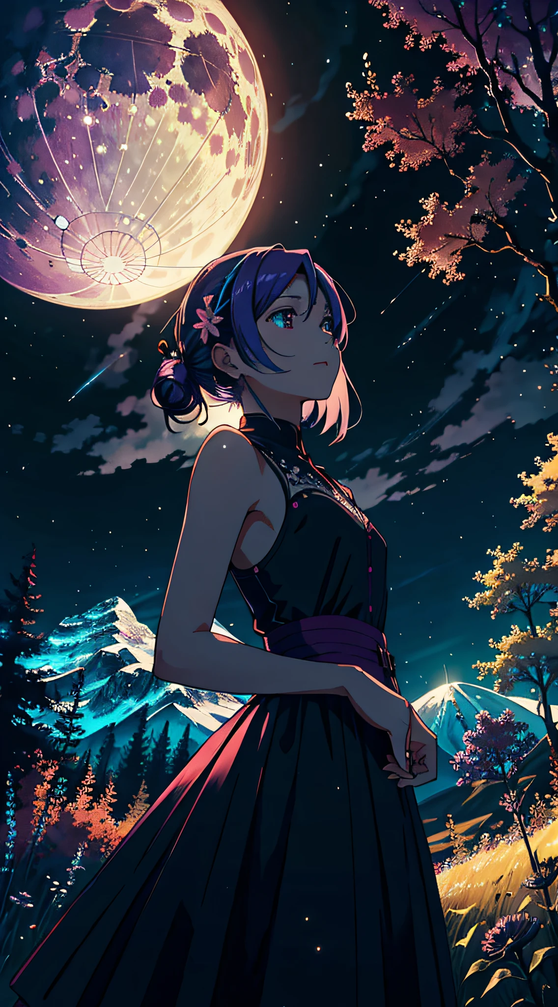 Vast landscape photos, (View from below with a view of the sky and the wilderness below), Little white bear standing in a flower field and looking up, (fullmoon: 1.2), (shooting stars: 0.9), (nebulas: 1.3), distant mountain, Tree Break Production Art, (Warm light source: 1.2), (firefly: 1.2), apples, Purple and orange, intricate detailes, Volume Lighting BREAK (masutepiece: 1.2), (Highest Quality ), 4K, Ultra-detailed, (Dynamic configuration: 1.4), Highly detailed and colorful details (iridescent: 1.2), (Sparkling lighting, Atmospheric lighting), Dreamy, Magical, (Solo: 1.2)