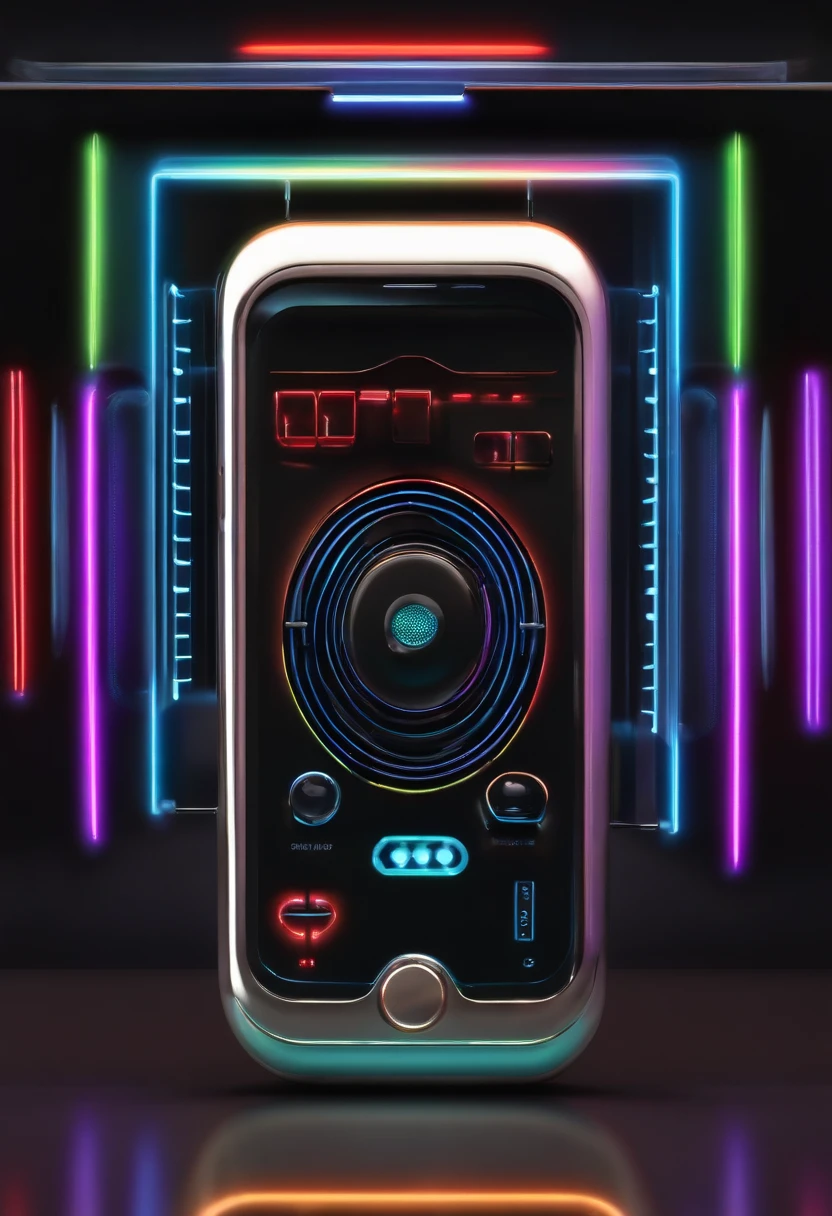 A sleek, metallic toy phone that emits pulsating neon lights and plays futuristic electronic beats.
