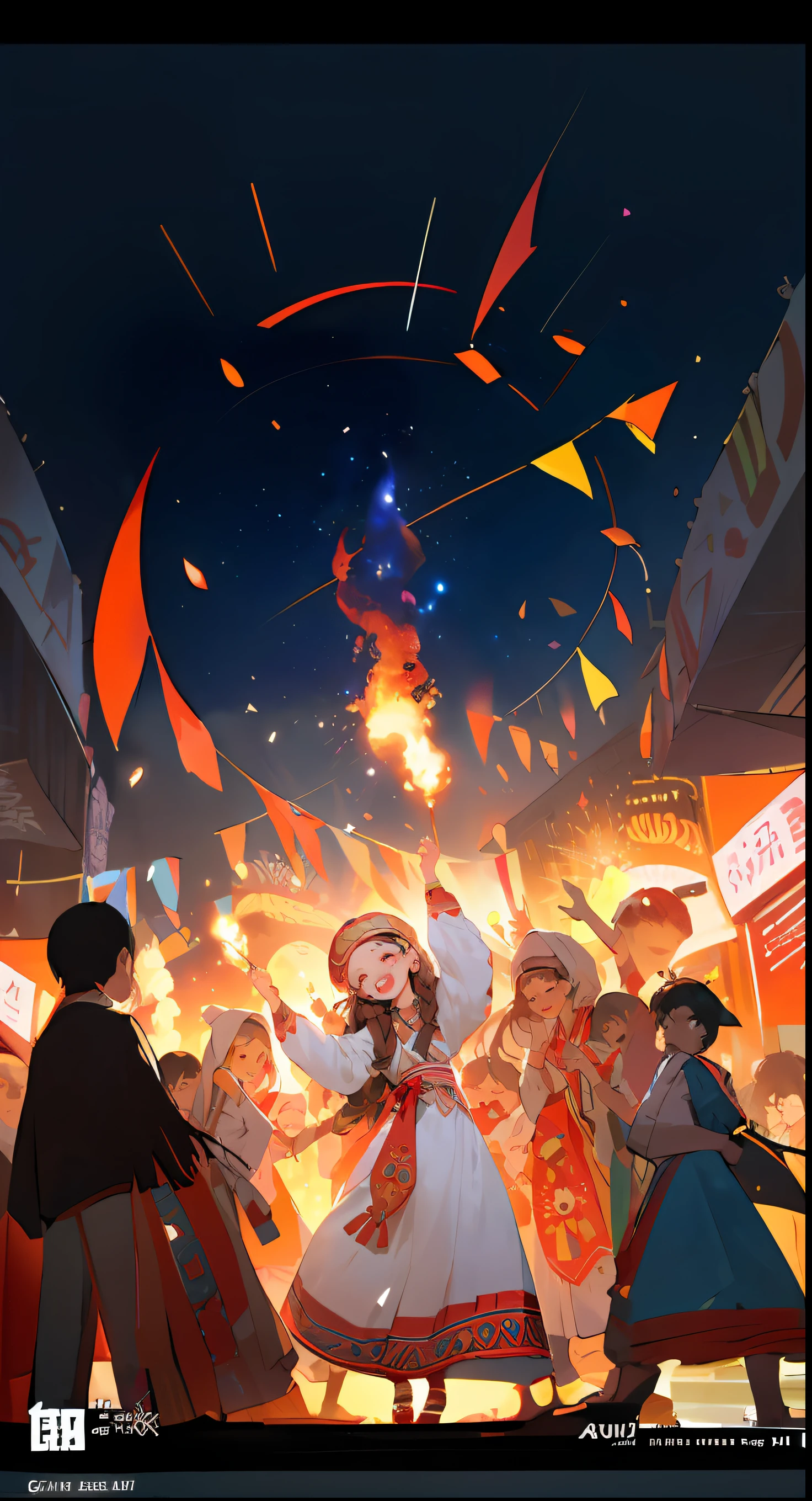 Photos taken from video games，A girl in a dress dances in front of a crowd, Guviz, Guviz-style artwork, summer festival night, Official artwork, Kawasi, Guweiz in Pixiv ArtStation, by Yang J, author：Qu Leilei, Artgerm and Atey Ghailan, pixiv contest winner