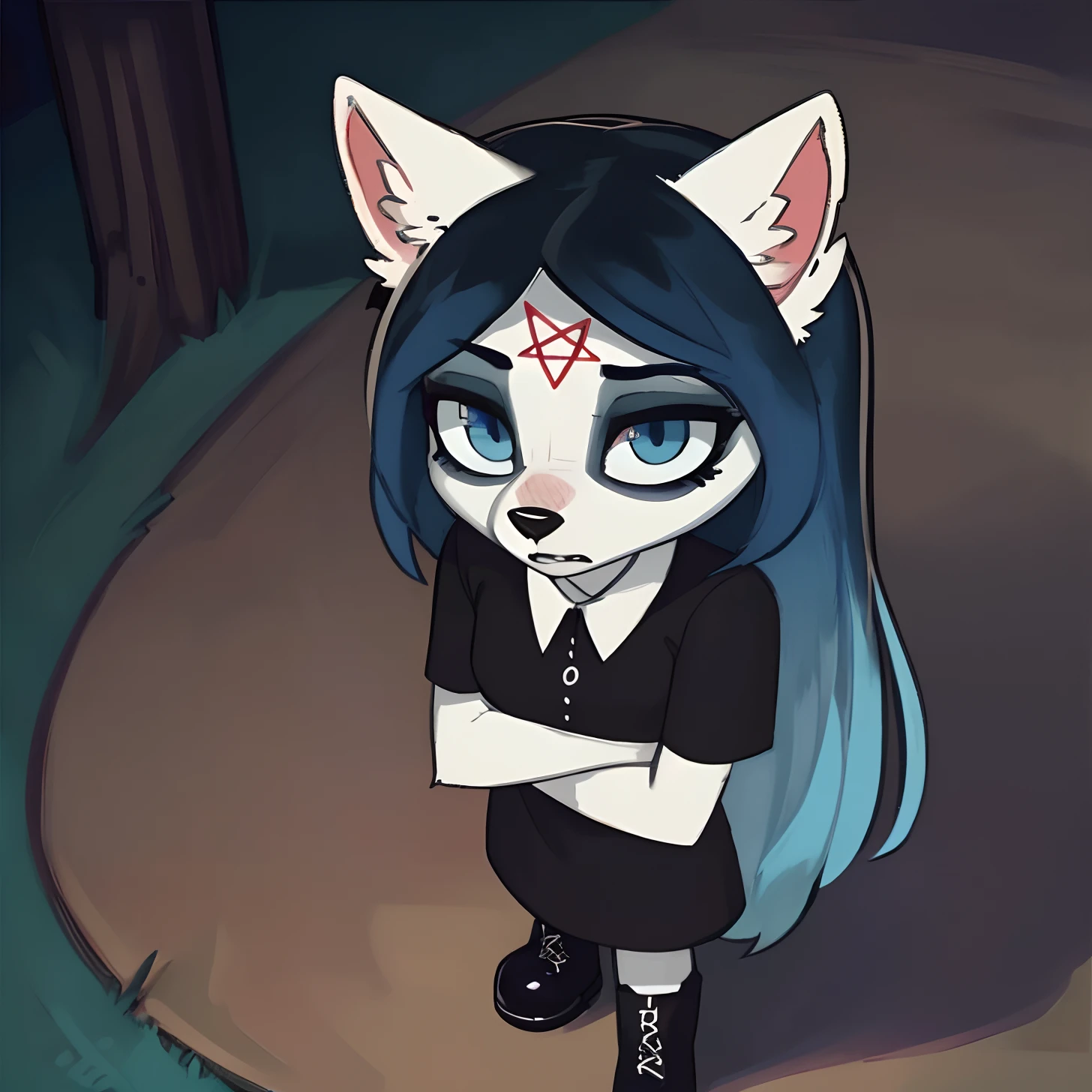 [Claire (the summoning)], [Uploaded to e621.net; (Pixelsketcher), (wamudraws)], ((masterpiece)), ((solo portrait)), ((bird's-eye view)), ((furry; anthro)), ((detailed fur)), ((cel shading)), ((detailed shading)), ((beautiful render art)), {anthro, white fur, black nose, pink pentagram on forehead, long blue hair, dark blue slit eyes, (expressionless)}, {(short short-sleeve white-collared black dress), (goth boots), (dark blue laces)}, {(standing)}, [background; (park), (nighttime lighting)]