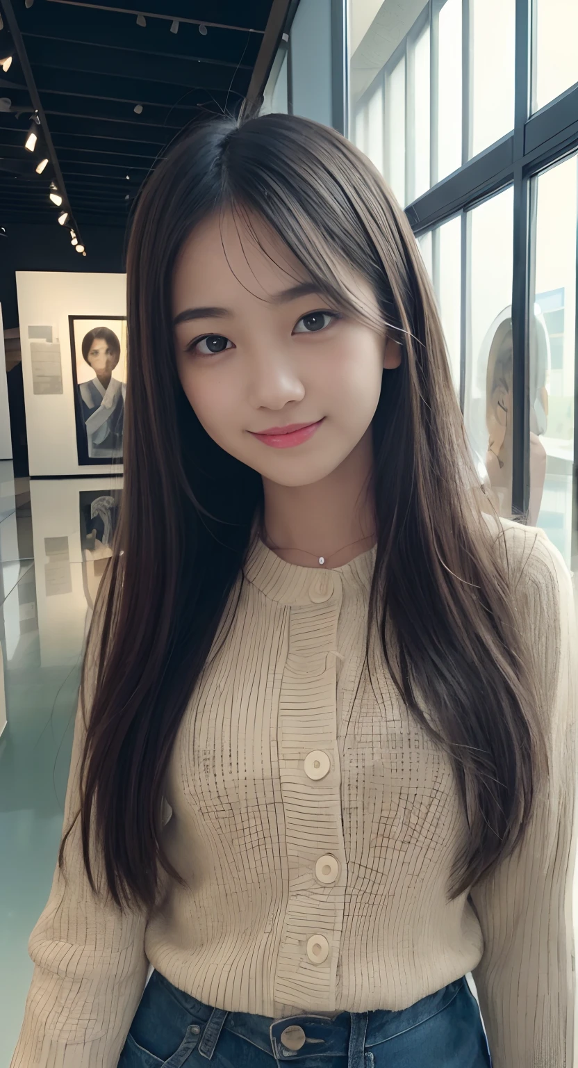 (top-quality、masterpiece:1.2)、Best Quality、realisitic、photoshot、hight resolution、1080p、8K、Textured skin、Physical Rendering、1 Japan Girls、High 、kawaii、Young Face、Rolled hair、(Inside the museum:1.5)、Autumn outfit、full of shyness、smil、Big