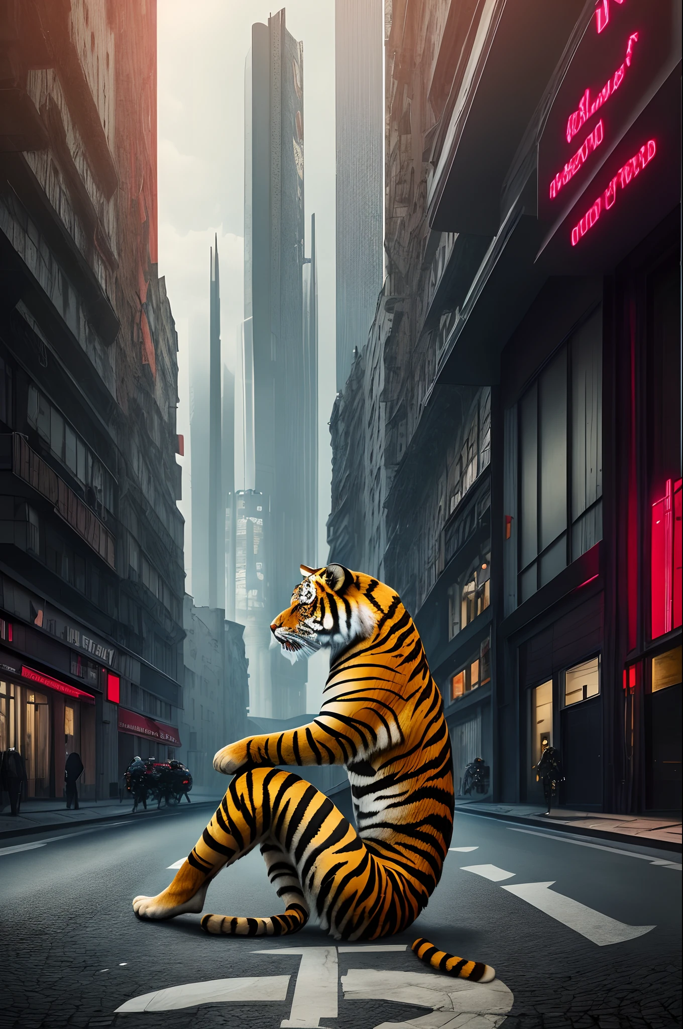 Nackte Frau, Pose von vorne, durchsichtiger BH, sitting in the middle of the street, hinter ihr eine cyberpunk Stadt, ultra detailliert, nackte Frau,
