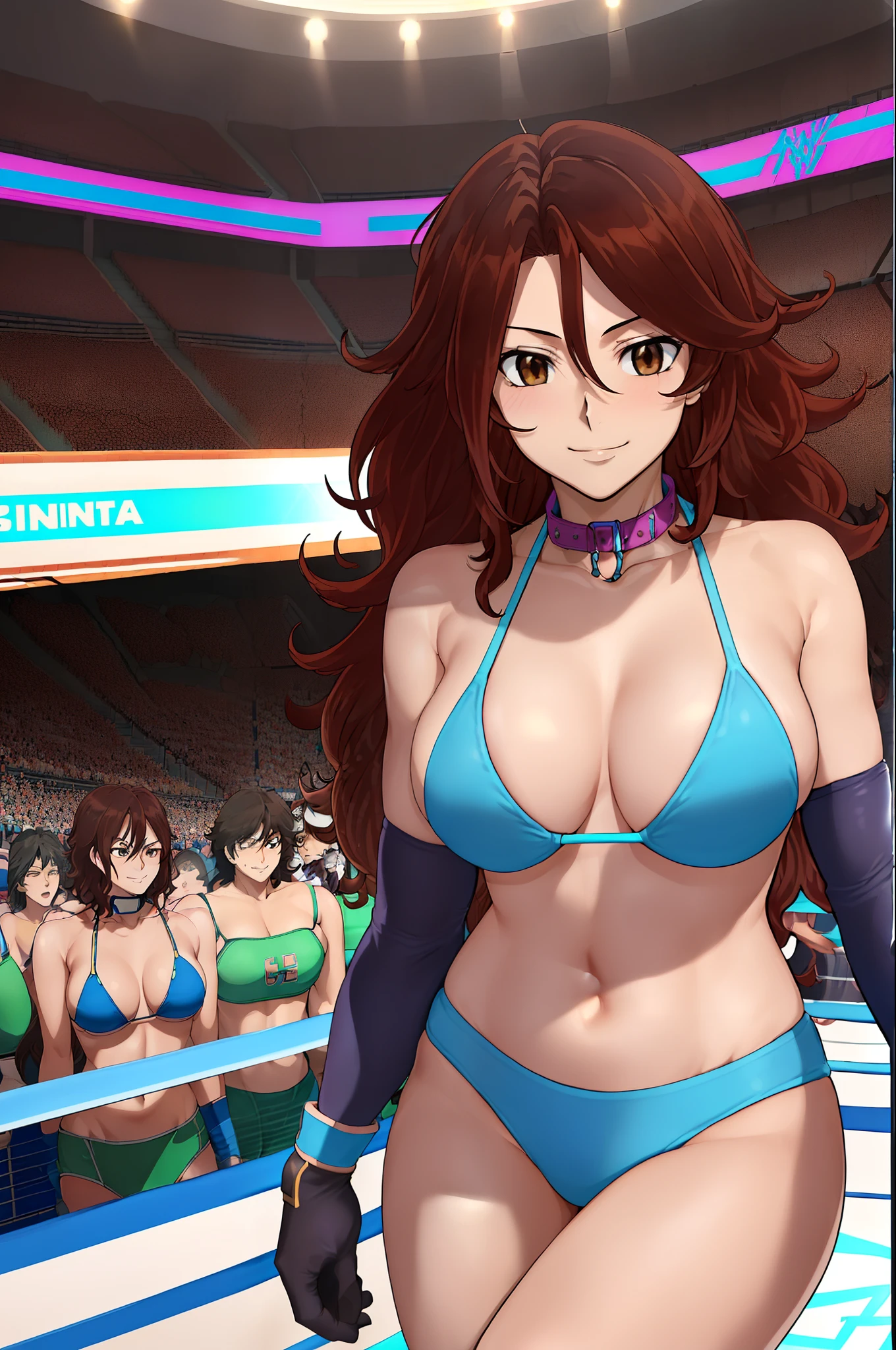 cowboy shot, upper body view only, anime style: 1.8, anime drawing, ultra detailed face, ultra detailed body, 4k, Sumergai Lee Noriega, (sleeping), best quality, anime style, hires, highest definition, digital blending, bold drawing lines, ((slender body, female wrestler), (location: wrestling arena, crowds watching), (slender body, off-shoulders), mature woman, ((wrestling gear: blue micro bikini, boots, gloves, collar band, random colors)), victorious, winner, (smile, closed mouth), (big breasts), (big eyes, brown eyes), (warming up, underarm), (tilt head, loose hair, curly hair, wavy hair, long hair, missy hair), 27 years old,