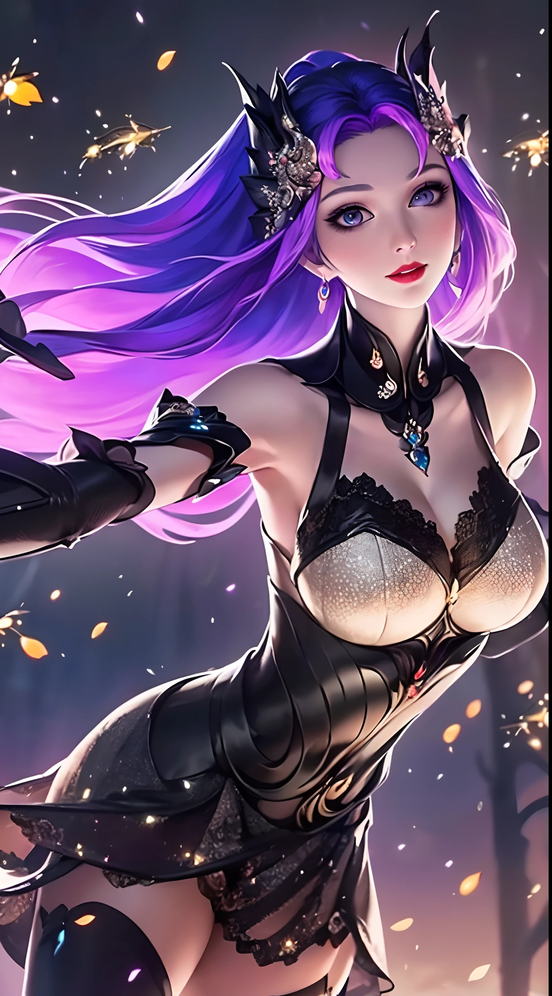 1 beautiful and sexy 20 year old girl, ((wearing a super purlpe dress:1.6)), ((a dress with diamonds:1.7)), ((long purple hair:1.6)), jewelry elaborately made from precious stones and beautiful hair, ((A thin red silk scarf covers half of the face:1.5)), (((wearing a thin light purple silk mask:1.5))), the noble, noble style of an extremely beautiful girl, her small face is super cute, her face is very pretty, thin eyebrows, flawless beautiful face, ((black eye pupils: 0.8)), very beautiful eyes, ((purple eyes: 1.6)), (((big round eyes:1.6))), nice makeup and hair detailed eyelashes, steamy eye makeup, high nose, earrings, red lips, ((closed mouth: 1.5)) beautiful lips, slim hands, most beautiful thighs, ((arms spread out to the sides: 1.5)), rosy face, flawless beautiful face, smooth white skin, (big breasts: 1.5)), ((high breasts: 1.6)), tight breasts, beautiful cleavage, (((big breasts and super round: 1.8))), ((super tight breasts: 1.7)) , beautiful breasts, perfect body, back arms, chest out, ((thin black mesh stockings with black lace trim:1.5)), ((sitting position with chest up and arms behind: 1.6)), ((open your legs:1.2)), don't be shy, 8k photo, super high quality, super realistic, super 10x pixels, optical, bright studio, bright edges, dual-tone lighting, (high-detail skin:1.2), super 8k, soft lighting, high quality, volumetric lighting, photorealistic, photorealistic high resolution, lighting, best photo, 4k, 8k quality, blur effect, smooth sharp, 10 x pixel, ((Beach at night and fireflies background:1.5)), aurora, lightning, super graphics realistic, most realistic graphics, 1 girl, alone, solo, Extremely sharp image, surreal, (((frontal portrait: 1.5)))."
