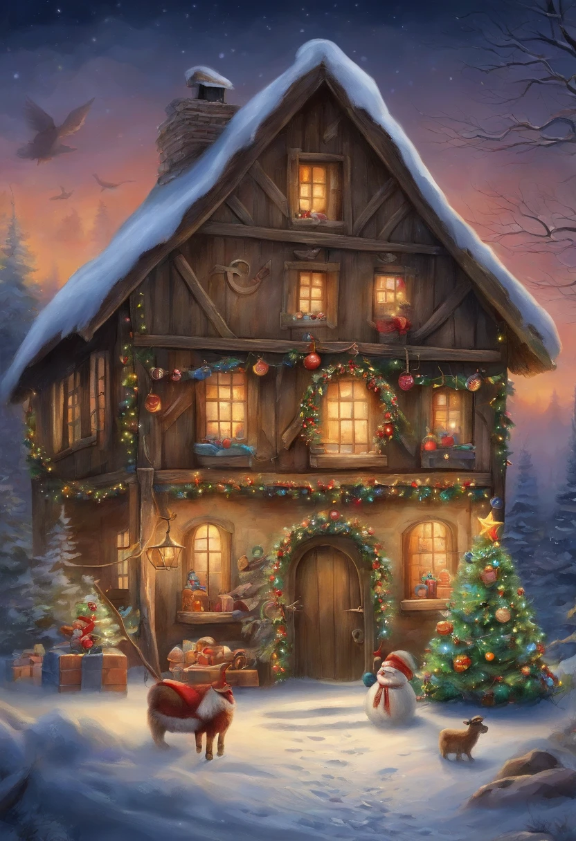 In a European style house,Santa Claus is looking at the gift list,Gift decoration Christmas tree, santa, elk,robin,Christmas elements,European style,The ground is full of Christmas presents,very high resolution, traditional art, Santa Claus Studio, 超高分辨率, illustration, Christmas evening, Extremely high resolution, Santa Claus in a country barn, hyper realisitc,Exquisite、best qualtiy、超詳細、Fine、Positioning details、Colorful colorful