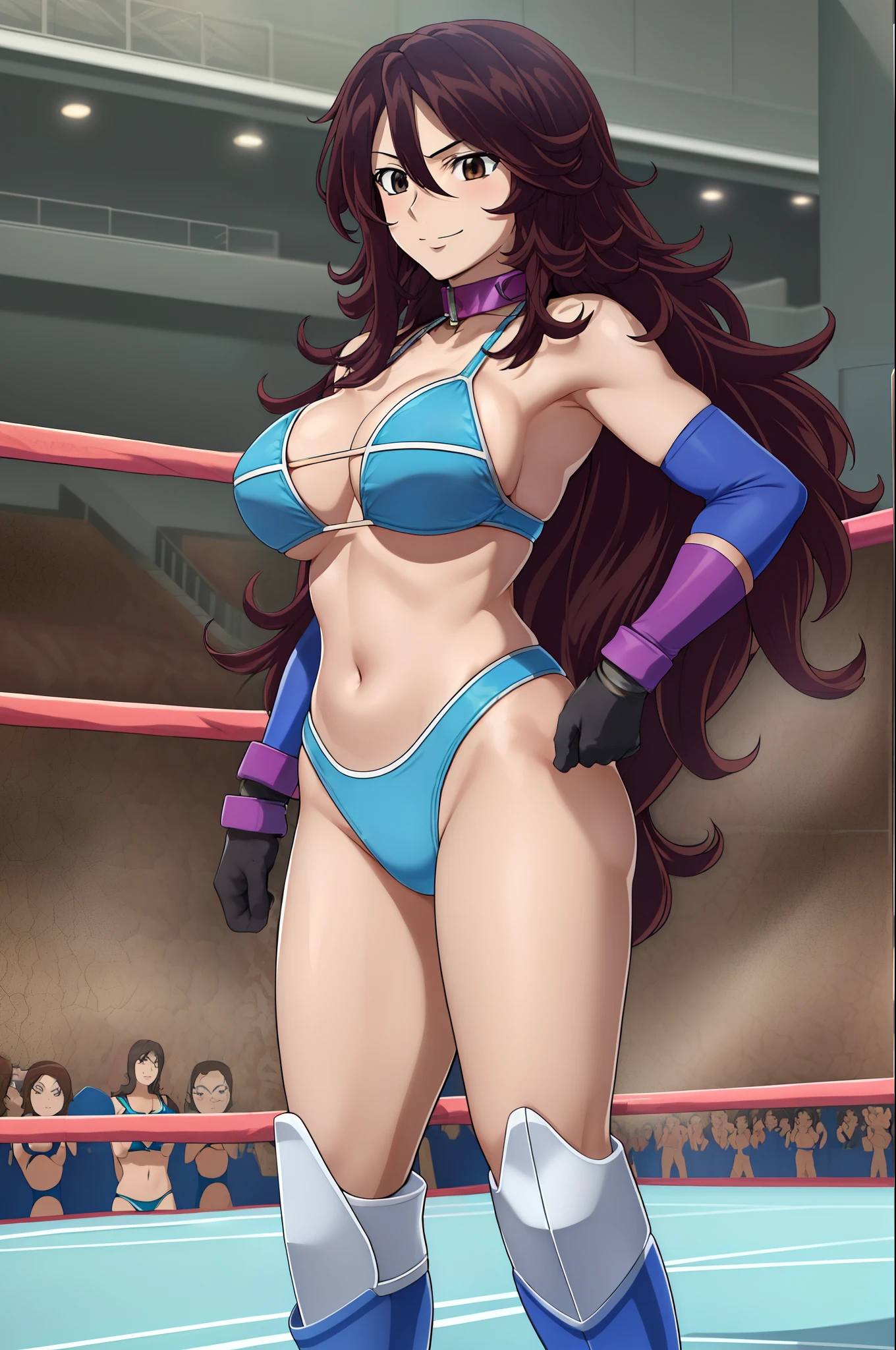cowboy shot, upper body view only, anime style: 1.8, anime drawing, ultra detailed face, ultra detailed body, 4k, Sumergai Lee Noriega, (sleeping), best quality, anime style, hires, highest definition, digital blending, bold drawing lines, ((slender body, female wrestler), (location: wrestling arena, crowds watching), (slender body, off-shoulders), mature woman, ((wrestling gear: blue micro bikini, boots, gloves, collar band, random colors)), victorious, winner, (smile, closed mouth), (big breasts), (), (warming up, underarm), (tilt head, loose hair, curly hair, wavy hair, long hair, missy hair), 27 years old,