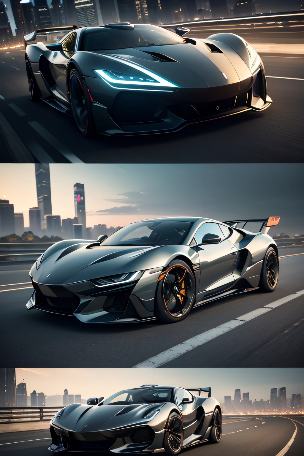 (a futuristic, concept concept car,futuristic concept vehicle,concept automotive design),(best quality,highres,masterpiece:1.2),ultra-detailed,(realistic,photorealistic,photo-realistic:1.37),3D rendering, sleek and streamlined design, polished and reflective surfaces, cutting-edge technology,integrated AI assistant,scissor doors,unconventional wheel design,sleek aerodynamic body,glowing LED lights,advanced energy-efficient powertrain,innovative autonomous driving capabilities,smart user interface,comfortable and futuristic interior,multi-functional touch-screen display,ambient lighting,dynamic and expressive lines,color-changing exterior,zooming through a neon-lit city at night,urban environment,advanced suspension system,elegant and powerful silhouette,impressive acceleration and top speed,chrome accents reflecting the surrounding environment,attention to every detail,ergonomic seating,high-end sound system,bold and distinctive color palette,synchronized dance of synchronized dance of self-parking and self-drivin