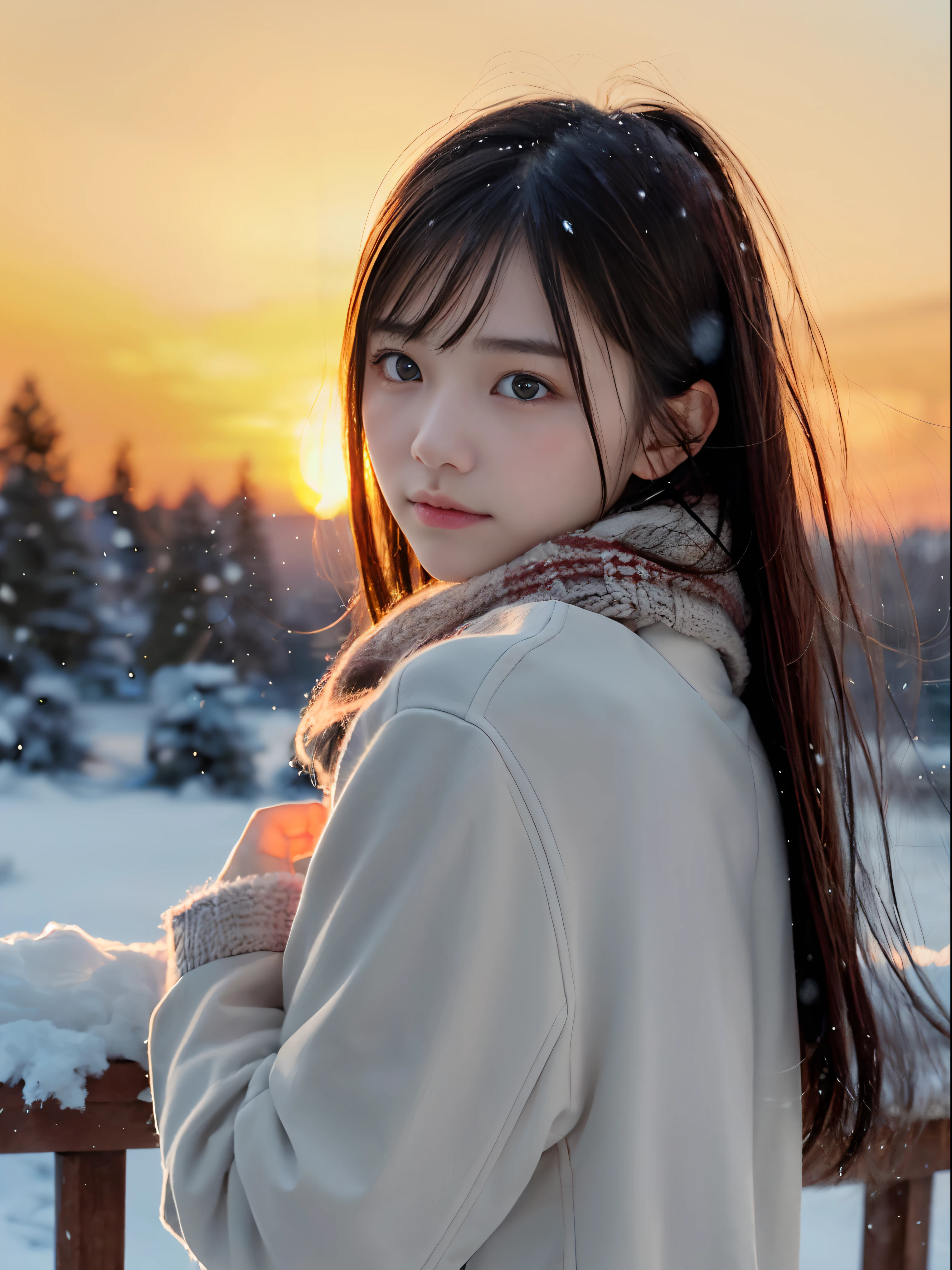 (Close-up face shot of a slender girl with long hair with dull bangs in winter uniform with winter coat and scarf :1.5)、(Girl looks back and  saluted me with her right hand with a sad face:1.5)、(Girl's hair fluttering in the wind:1.5)、(Beautiful snowy sunset red sky:1.5)、(Perfect Anatomy:1.3)、(No mask:1.3)、(complete fingers:1.3)、Photorealistic、Photography、masutepiece、top-quality、High resolution, delicate and pretty、face perfect、Beautiful detailed eyes、Fair skin、Real Human Skin、pores、((thin legs))、(Dark hair)