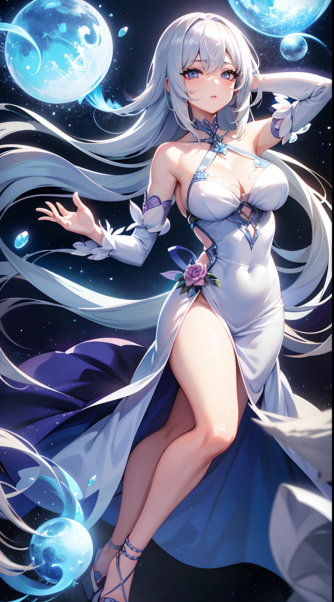 Describe a sexy silver-haired anime girl who possesses magical powers and is known for her determination and courage. She wears an elegant dress adorned with floral motifs and is often accompanied by a mysterious familiar.