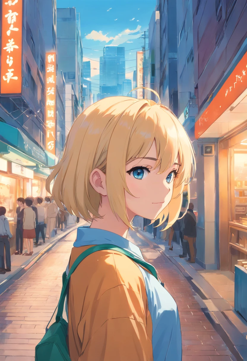 Cheveux blond,Double boucles en queue de cheval,yeux de couleur bleue,Lolita blanche,Beth,A lively street in the city