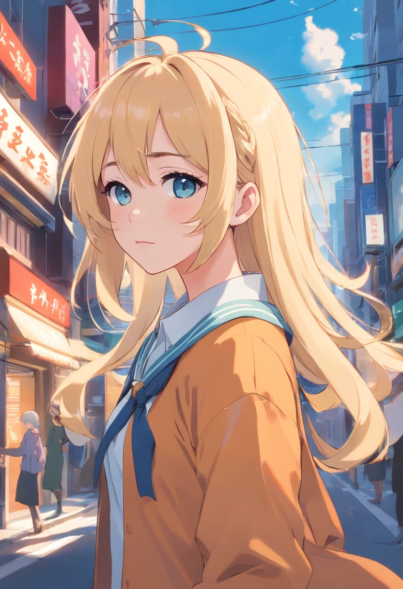 Cheveux blond,Double boucles en queue de cheval,yeux de couleur bleue,ta blanche,Beth,A lively street in the city