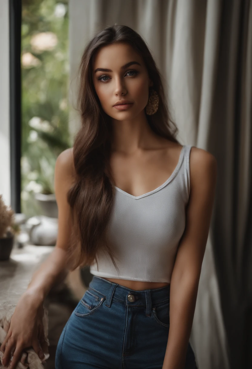 Arafed woman in white T-shirt and necklace, sexy girl with brown eyes, portrait sophie mudd, brown hair and large eyes, selfie of a young woman, bedroom eyes, violet myers, no makeup, natural makeup, looking straight at camera, face with artgram, fine makeup, Stunning full-length shot, Piercing green eyes, beautiful angle, attractive pose, Sweet girl, sexy pose, full length image, full - body, shooting full body, Brunette goddess, high detail, Satisfied posture, leather pants, standing, outside, restaurant