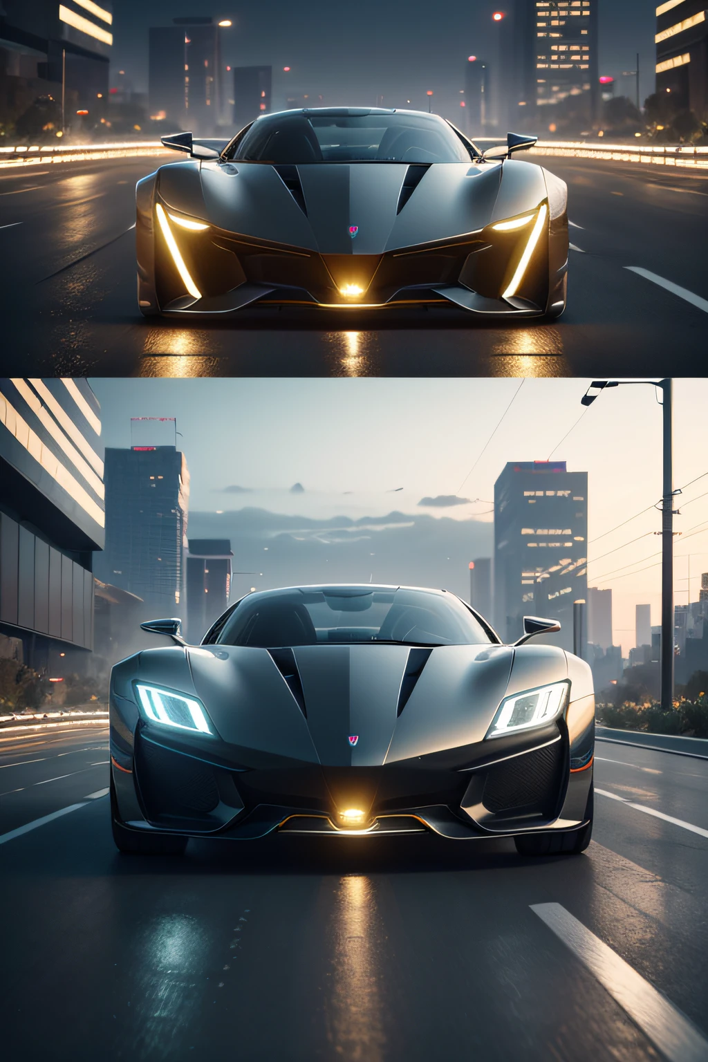 (a futuristic, concept concept car,futuristic concept vehicle,concept automotive design),(best quality,highres,masterpiece:1.2),ultra-detailed,(realistic,photorealistic,photo-realistic:1.37),3D rendering, sleek and streamlined design, polished and reflective surfaces, cutting-edge technology,integrated AI assistant,scissor doors,unconventional wheel design,sleek aerodynamic body,glowing LED lights,advanced energy-efficient powertrain,innovative autonomous driving capabilities,smart user interface,comfortable and futuristic interior,multi-functional touch-screen display,ambient lighting,dynamic and expressive lines,color-changing exterior,zooming through a neon-lit city at night,urban environment,advanced suspension system,elegant and powerful silhouette,impressive acceleration and top speed,chrome accents reflecting the surrounding environment,attention to every detail,ergonomic seating,high-end sound system,bold and distinctive color palette,synchronized dance of synchronized dance of self-parking and self-drivin