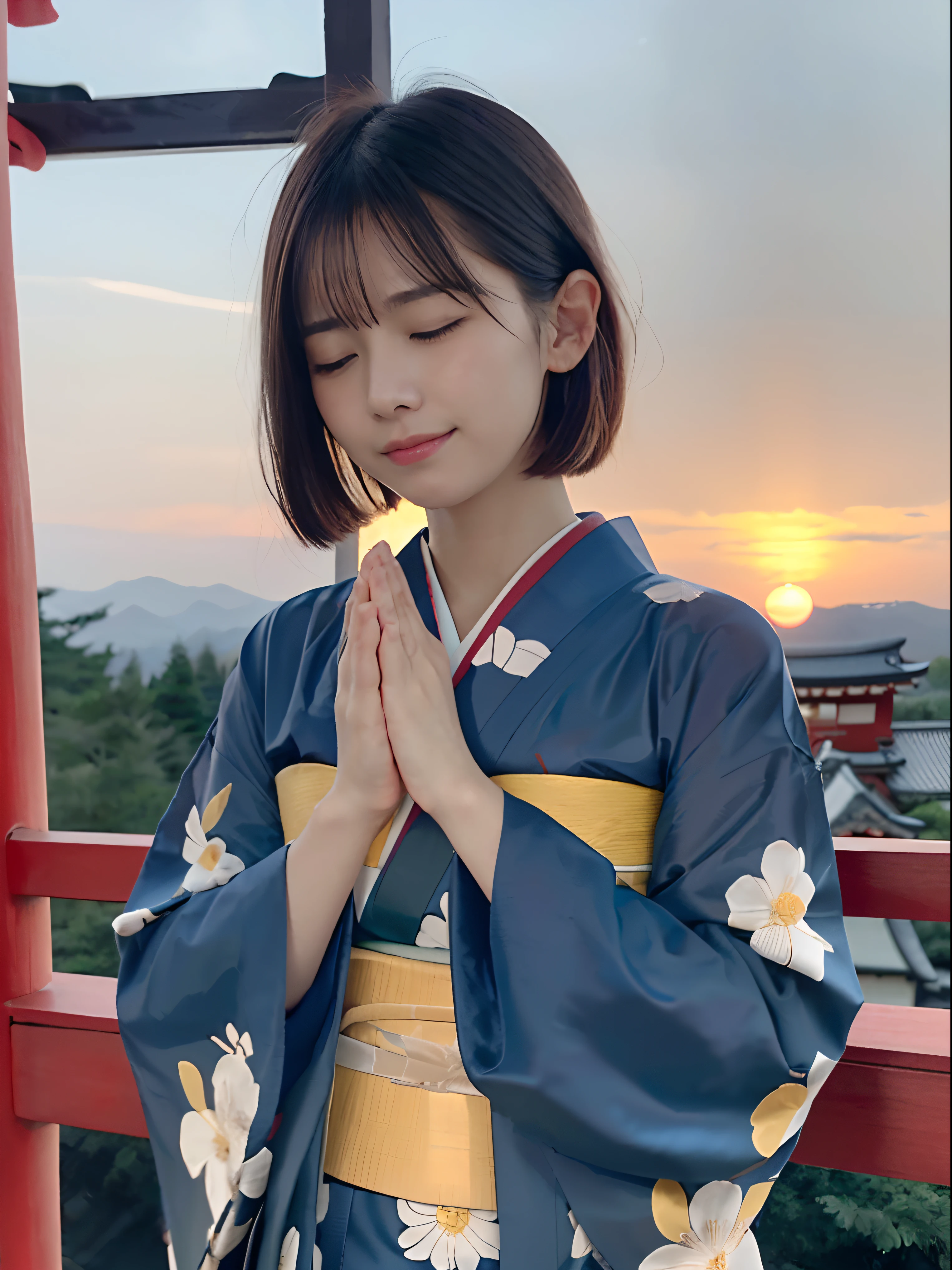 (Close up portrait of short-haired woman with dull bangs in beautiful colorful kimono:1.5)、(A woman prays with her eyes closed and palms together at a shrine in Japan:1.5)、(Blurry background:1.5)、(Red sky at beautiful winter sunset:1.5)、(Perfect Anatomy:1.3)、(No mask:1.3)、(complete fingers:1.3)、Photorealistic、Photography、masutepiece、top-quality、High resolution, delicate and pretty、face perfect、Beautiful detailed eyes、Fair skin、Real Human Skin、pores、((thin legs))、(Dark hair)