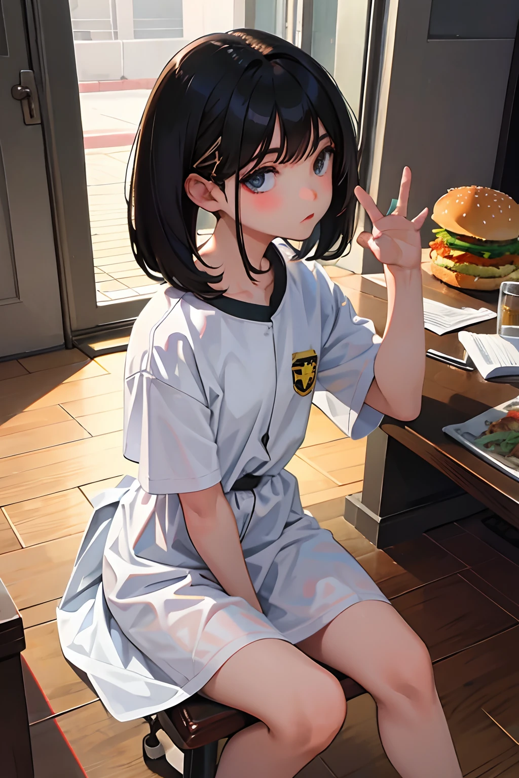 ,(masterpiece,Highest Quality),A dark-haired,Medium bob,burgerking