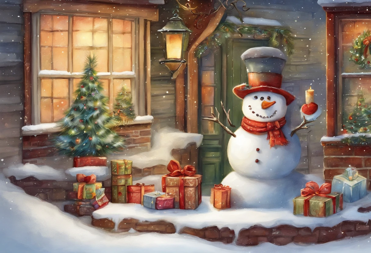Christmas Eve，Cute vector snowman holding a book and a bag of candy, Pour the snowflakes into a bowl，The robin lands on the snowman's head，Christmas elements，illustration, children's book illustrations, inspired by Doug Ohlson, added detail, , sugar snow, delicacy, festivity, snowflower,Paintings by Alison Debenham, cover illustration，超高分辨率, illustration, Christmas evening, Extremely high resolution, hyper realisitc，Exquisite、best qualtiy、ultra - detailed、Fine、Positioning details、Colorful colorful