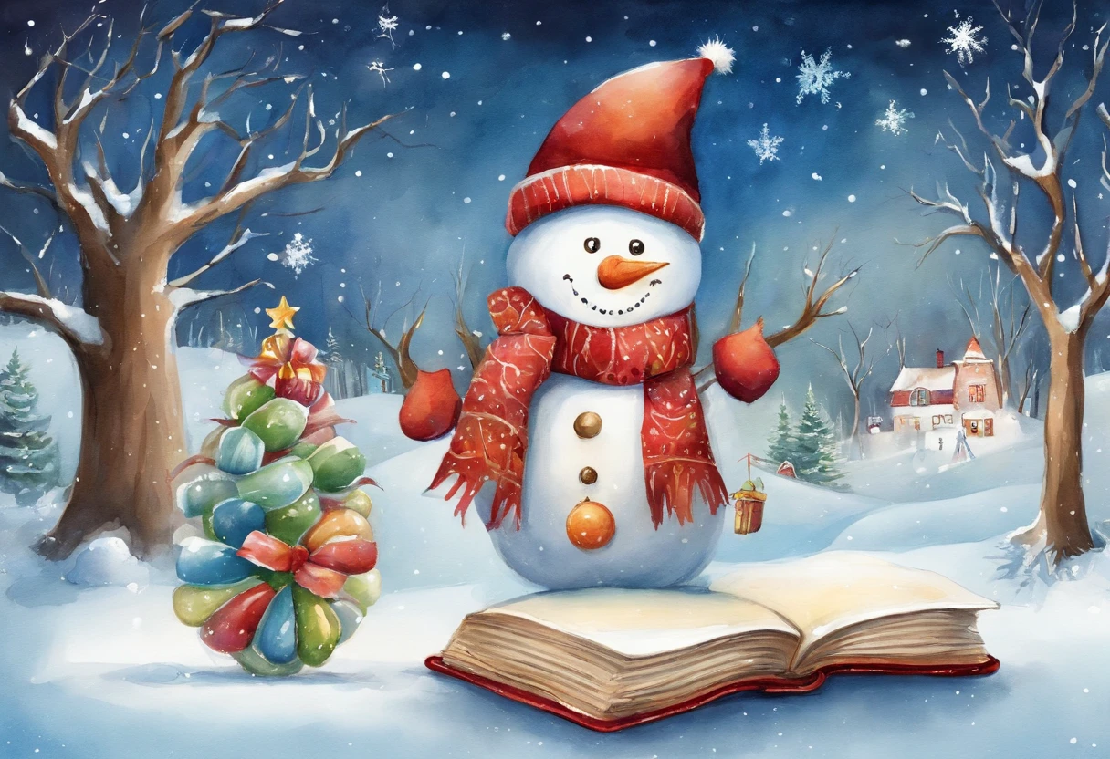 Christmas Eve，Cute vector snowman holding a book and a bag of candy, Pour the snowflakes into a bowl，The robin lands on the snowman's head，Christmas elements，illustration, children's book illustrations, inspired by Doug Ohlson, added detail, , sugar snow, delicacy, festivity, snowflower,Paintings by Alison Debenham, cover illustration，超高分辨率, illustration, Christmas evening, Extremely high resolution, hyper realisitc，Exquisite、best qualtiy、ultra - detailed、Fine、Positioning details、Colorful colorful