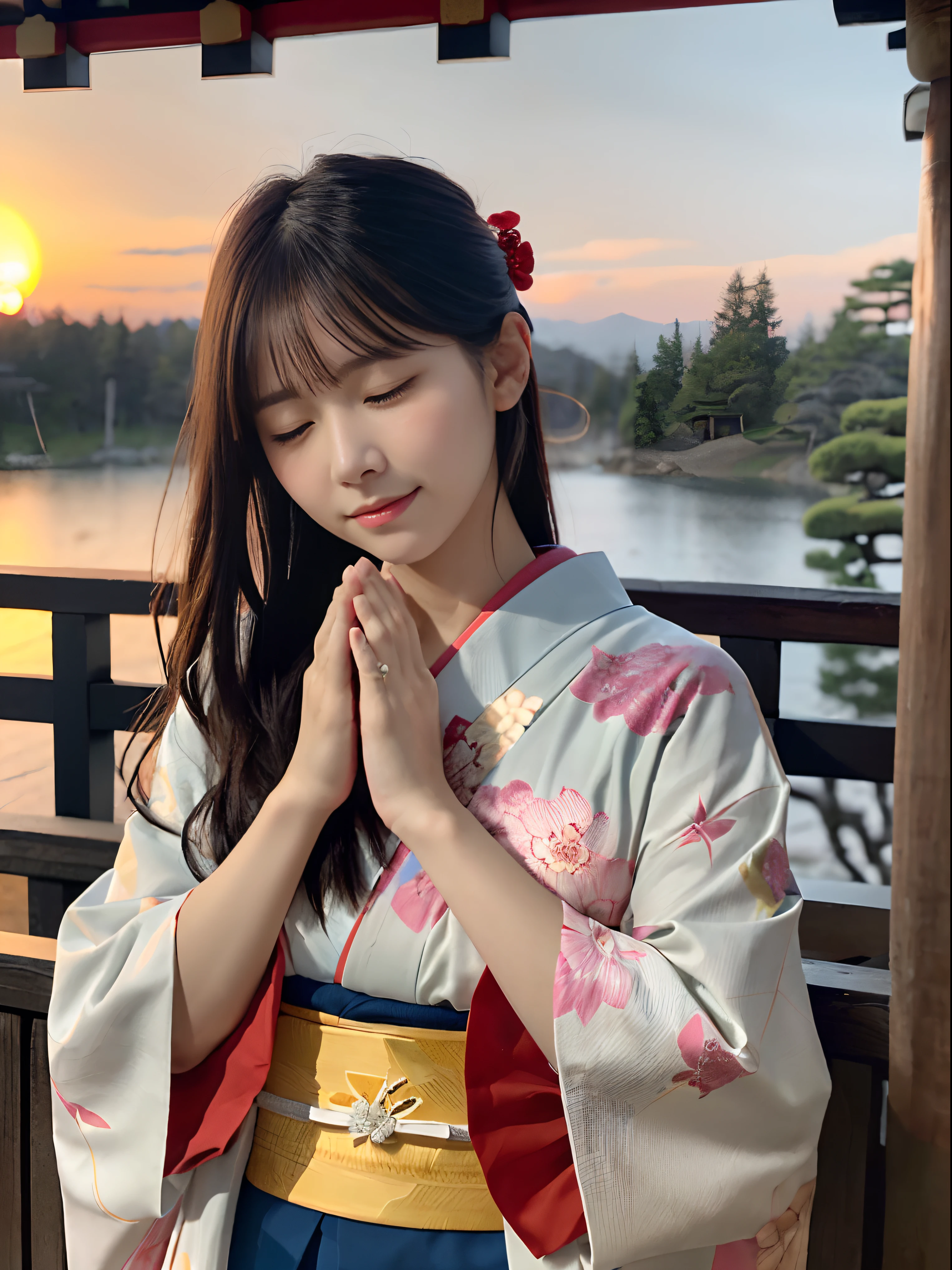 (Close up portrait of long-haired woman with dull bangs in beautiful colorful kimono:1.5)、(A woman prays with her eyes closed and palms together at a shrine in Japan:1.5)、(Blurry background:1.5)、(Red sky at beautiful winter sunset:1.5)、(Perfect Anatomy:1.3)、(No mask:1.3)、(complete fingers:1.3)、Photorealistic、Photography、masutepiece、top-quality、High resolution, delicate and pretty、face perfect、Beautiful detailed eyes、Fair skin、Real Human Skin、pores、((thin legs))、(Dark hair)