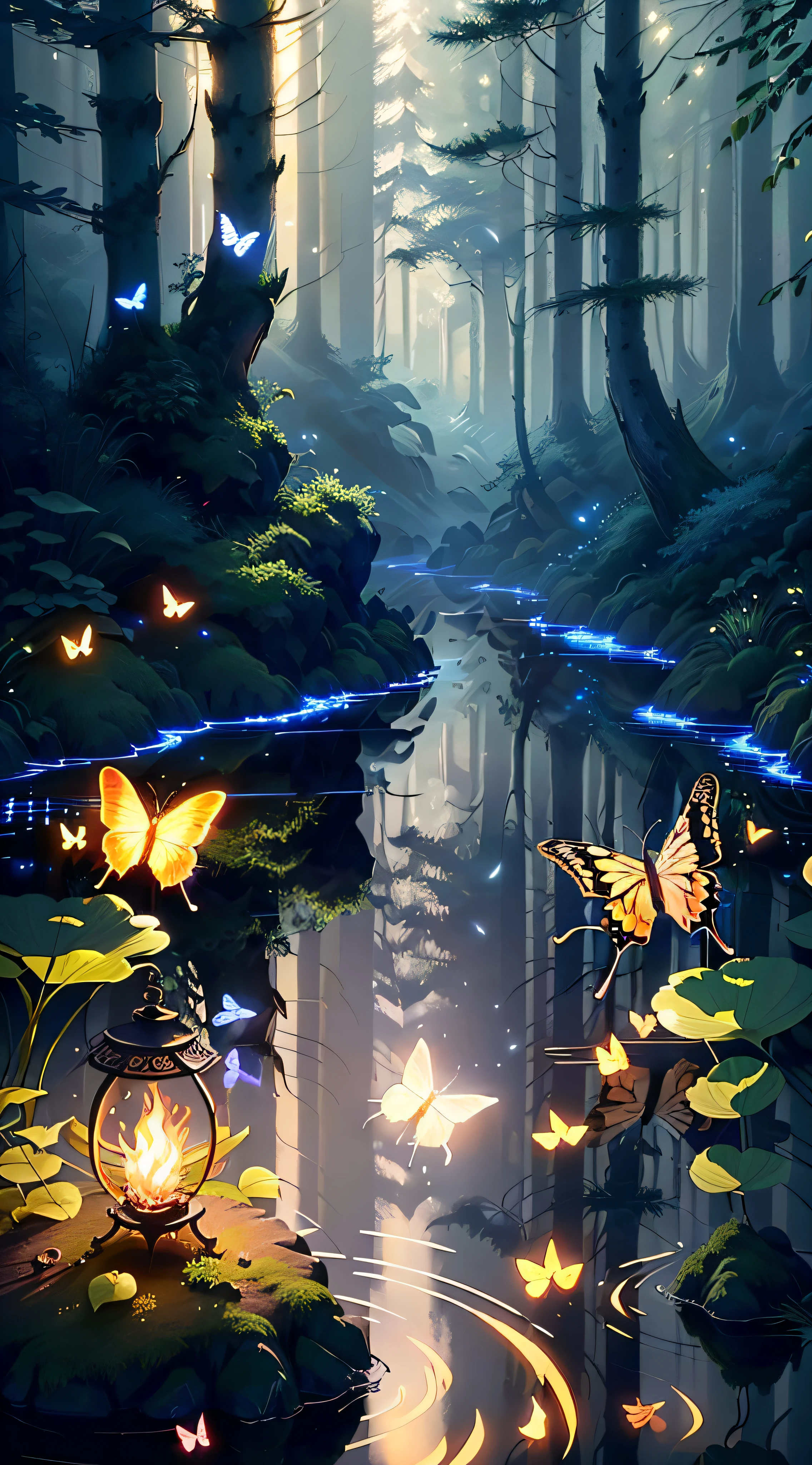 A masterpiece, the best quality, stunning reflections, the best reflections ever. (very detailed CG unity 8k wallpapers), (best quality), (best illustrations), (best shadows), forest theme with natural elements. Tall trees, quiet streams, small glowing mushrooms surrounded by delicate leaves and branches, with fireflies and glowing particle effects,, (natural elements), (jungle theme), (leaves), (twigs), (fireflies), butterflies, (delicate leaves), (glow), (particle effects). , Isometric 3D, Octane Rendering, Ray Traced, Super Detailed