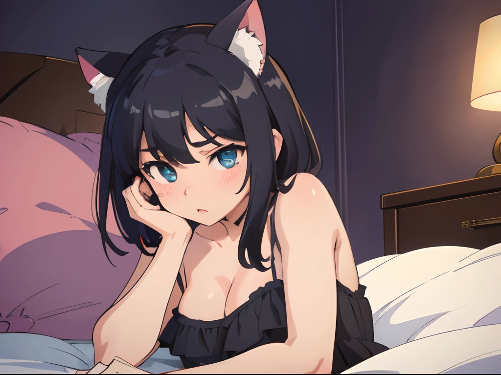 ((Top Quality, 8k, Masterpiece: 1.3)), Beauty, Hide Face, 1 Girl, Beautiful: 1.3, Slender Abs: 1.1, Camisole, Cleavage, Black Hair short , (While Sitting on the Bed), Ultra Detailed Face, Highly Detailed Lips, Detailed Eyes, Double Eyelids, pillow, hides face in pillow, only eyes are visible, looking at the viewer, cat ears
