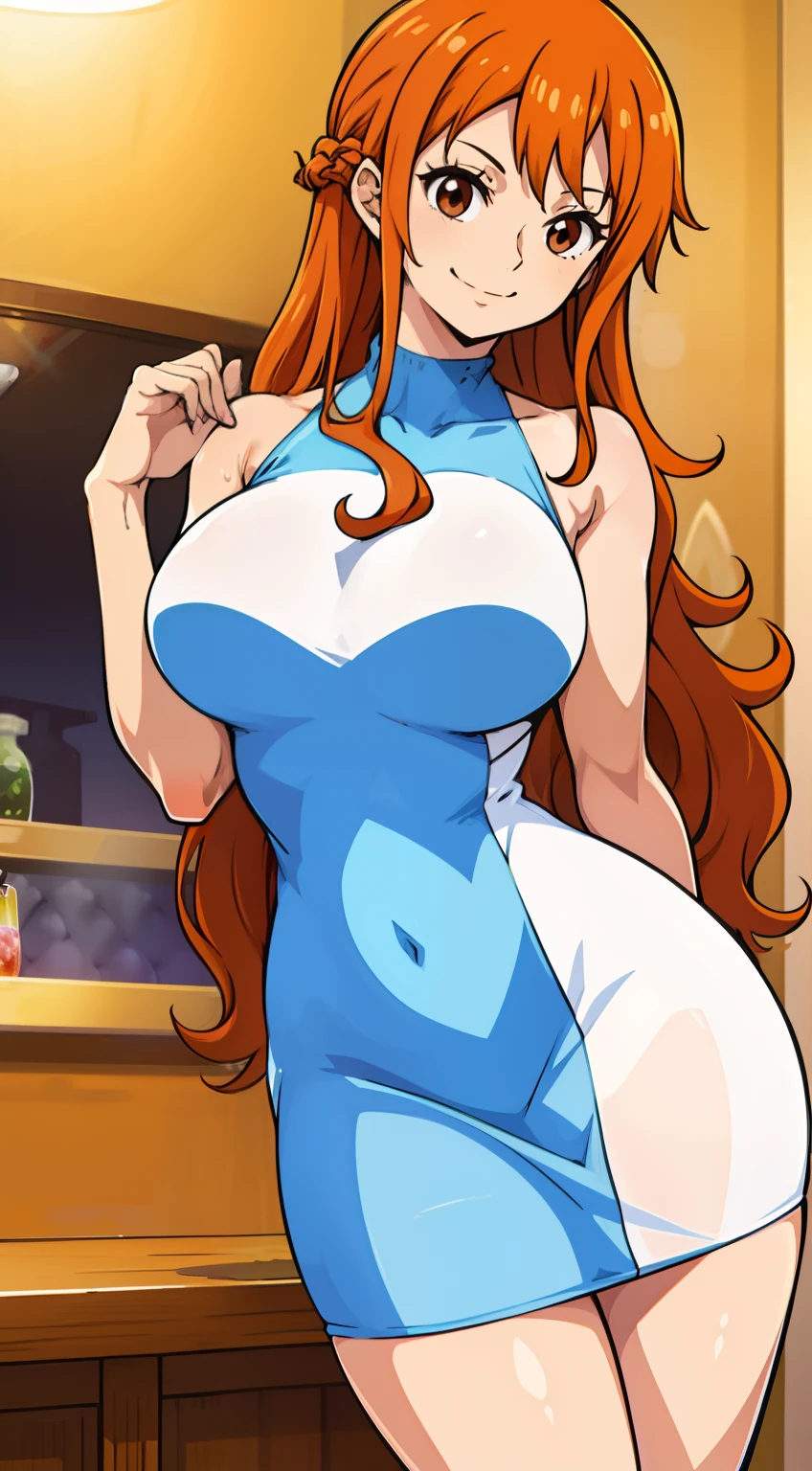 cocktail dress, Body Fit See-Through,Curvaceous athletic body, Nami, Orange long hair, Brown eyes, Looking at Viewer, Shy, Smiling