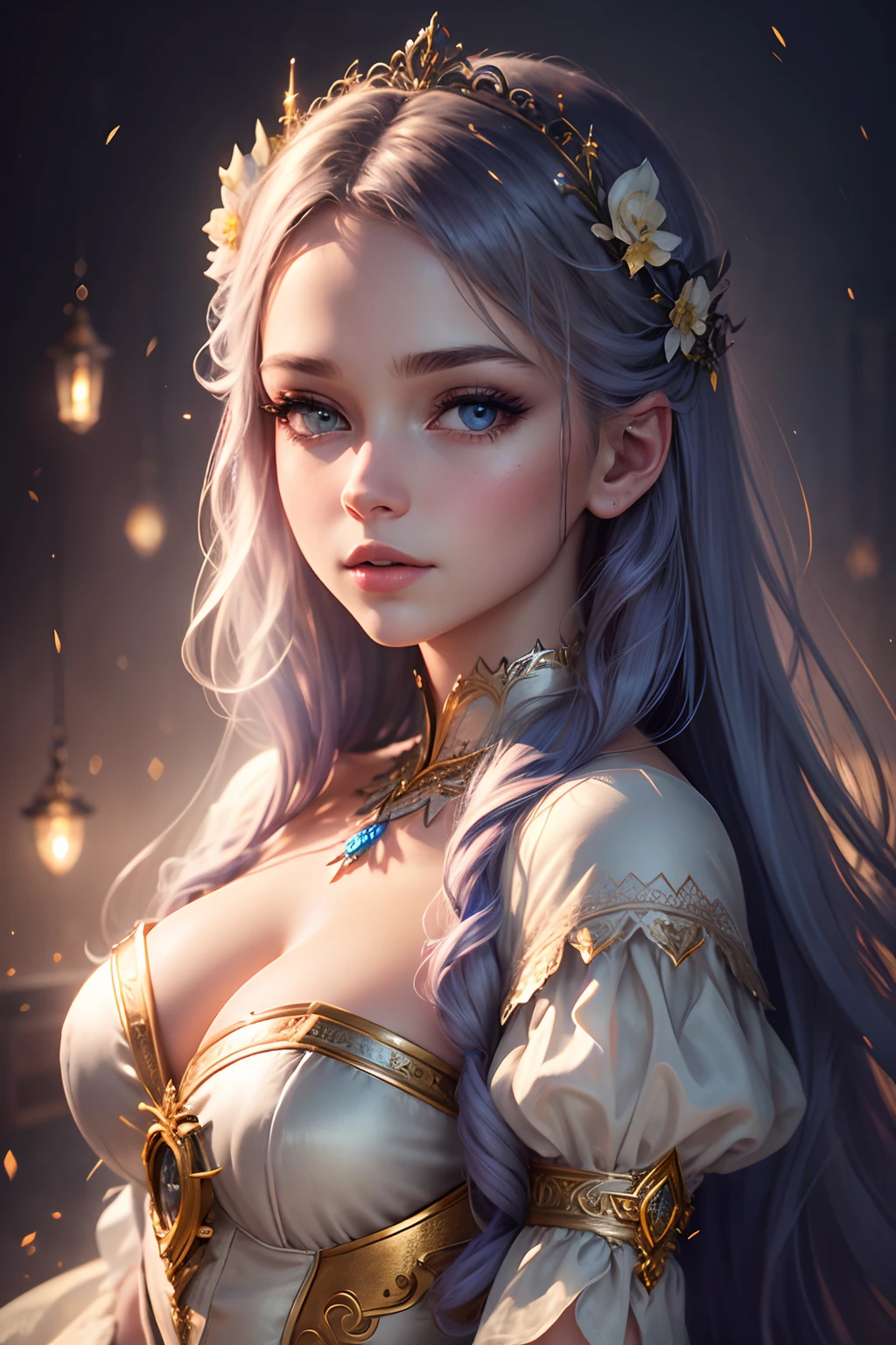 Stable Diffusion prompt:
starlight princess, medium:illustration, beautiful detailed eyes, beautiful detailed lips, extremely detailed eyes and face, long eyelashes, 1girl, fantasy costume, magical background, vibrant colors, HDR, studio lighting, ethereal atmosphere. (best quality, 4k, highres, masterpiece:1.2), ultra-detailed, (realistic, photorealistic:1.37), dreamy style, soft pastel tones, enchanting lighting.