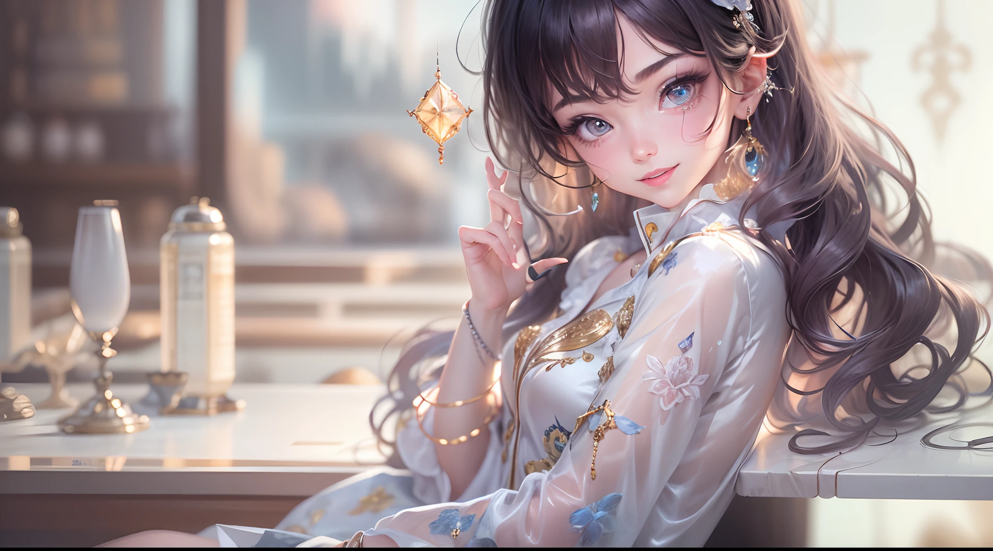 1girll,（enchanced quality：1.4），（Top quality true texture skin), Delicate face,Black hair, Gradient hair, Petite body,（perfect bodies：1.1）, There are precious stones on the forehead, rimless eyewears, Sparkling pupils，long eyelasher,grin, hyper photorealism, Cinematic lighting, projected inset, surrealism, hyper HD, Masterpiece, 16k，Lie down，dream on，Wear transparent silk pajamas,Carmelto,Legs slightly open，Tattooed with，Fantasy space，Luxurious space