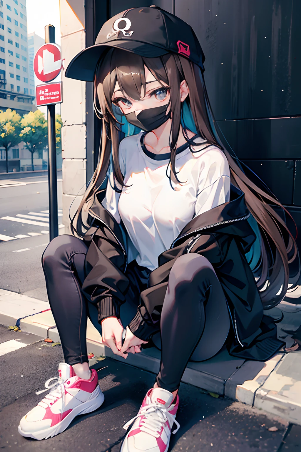 masutepiece、top-quality、ultra-detailliert、absurderes、One girl、cool、Slender figure、Wearing a large cap、Semi Longhair、Light brown hair、Fetishes、I'm wearing a black mask、skinny  body、skinny limbs、White oversized t-shirt、long-sleeve、Large sleeves、I'm wearing black jeans、I'm wearing sneakers、street corner