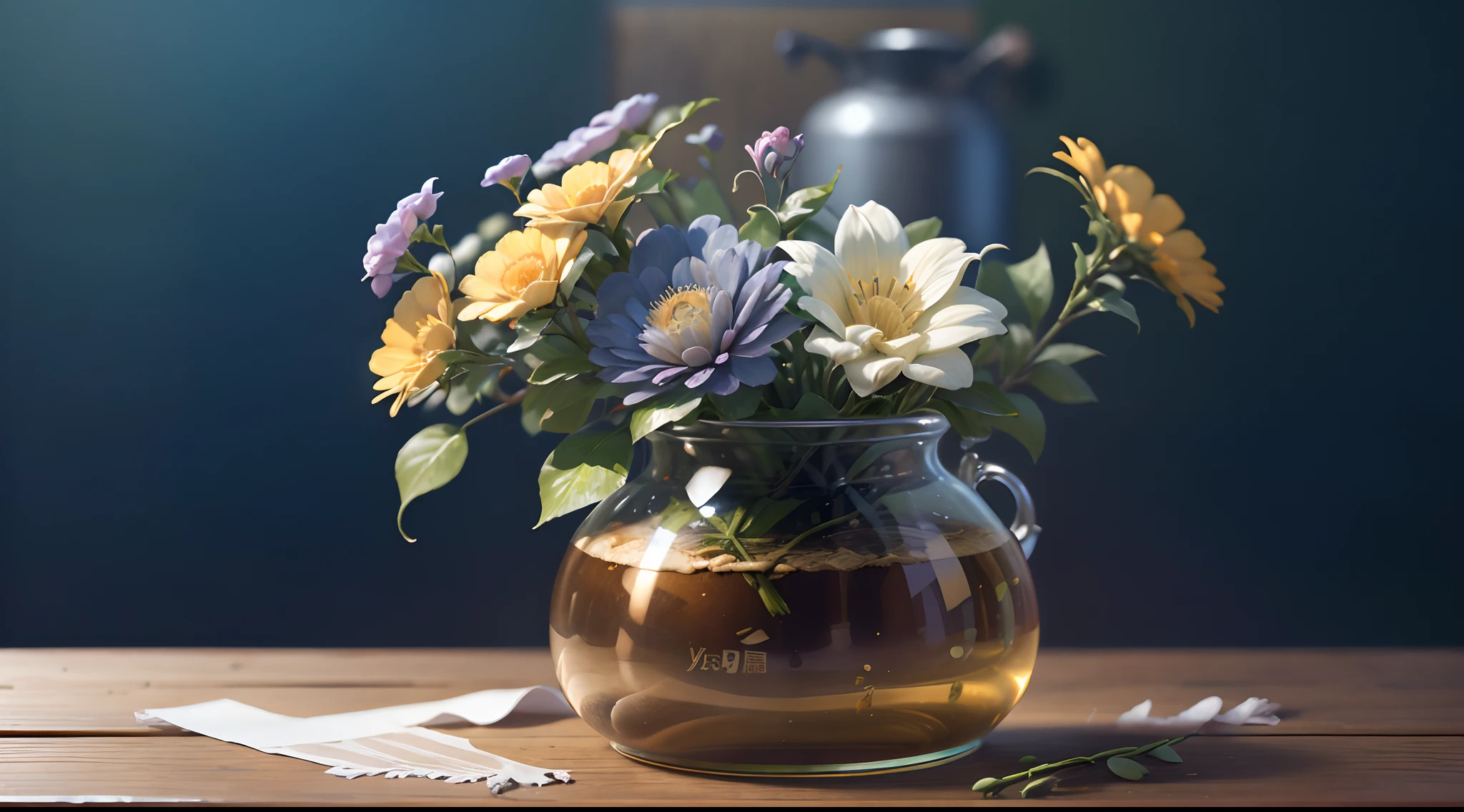 best qualtiy，tmasterpiece，超高分辨率，（photograph realistic：1.4），ultra-realistic realism，On the table， [(Dieselpunk AI:vases)Blue Higan flowers bloom]，Kitchen background