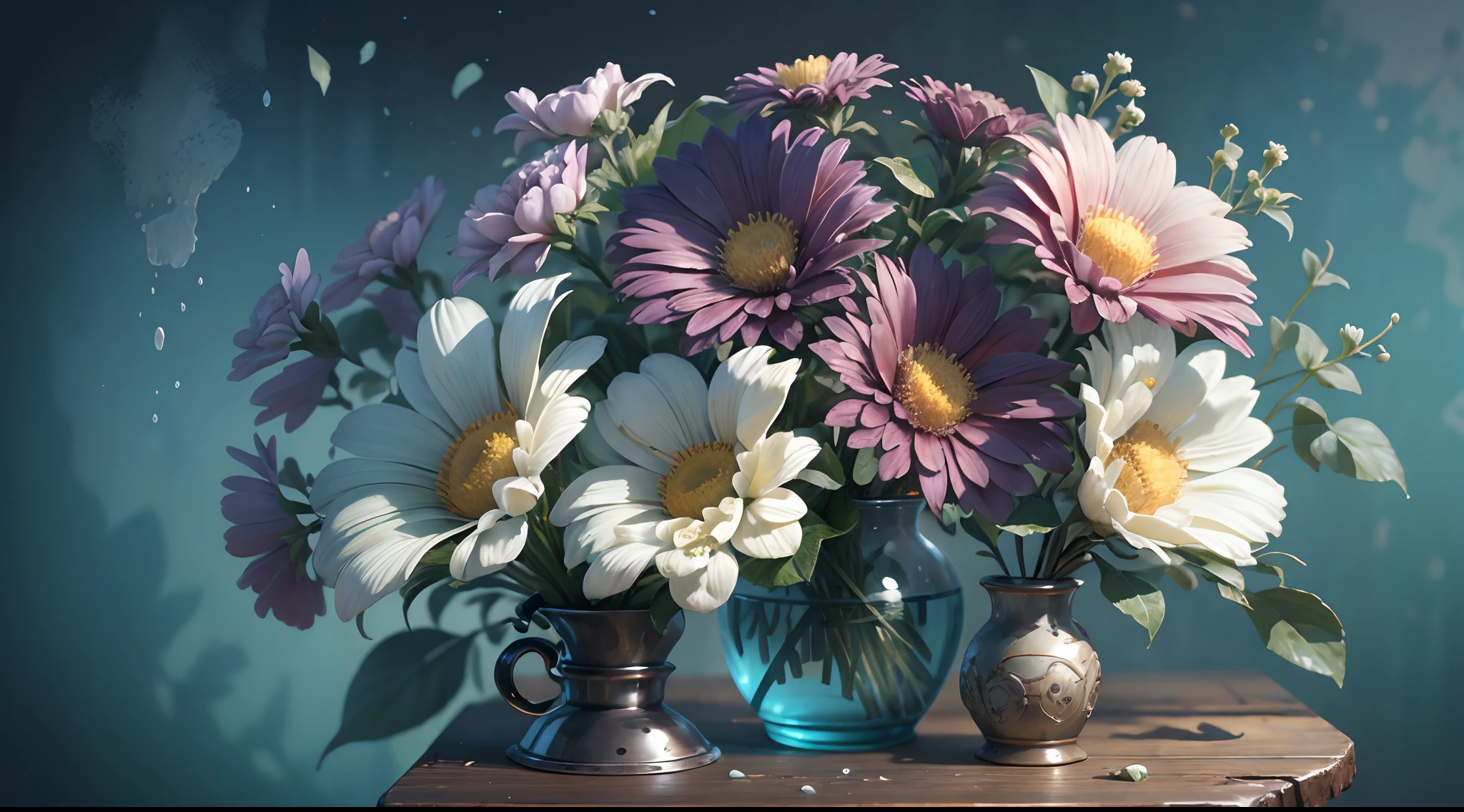 best qualtiy，tmasterpiece，超高分辨率，（photograph realistic：1.4），ultra-realistic realism，On the table， [(Dieselpunk AI:vases)Blue Higan flowers bloom]，Kitchen background