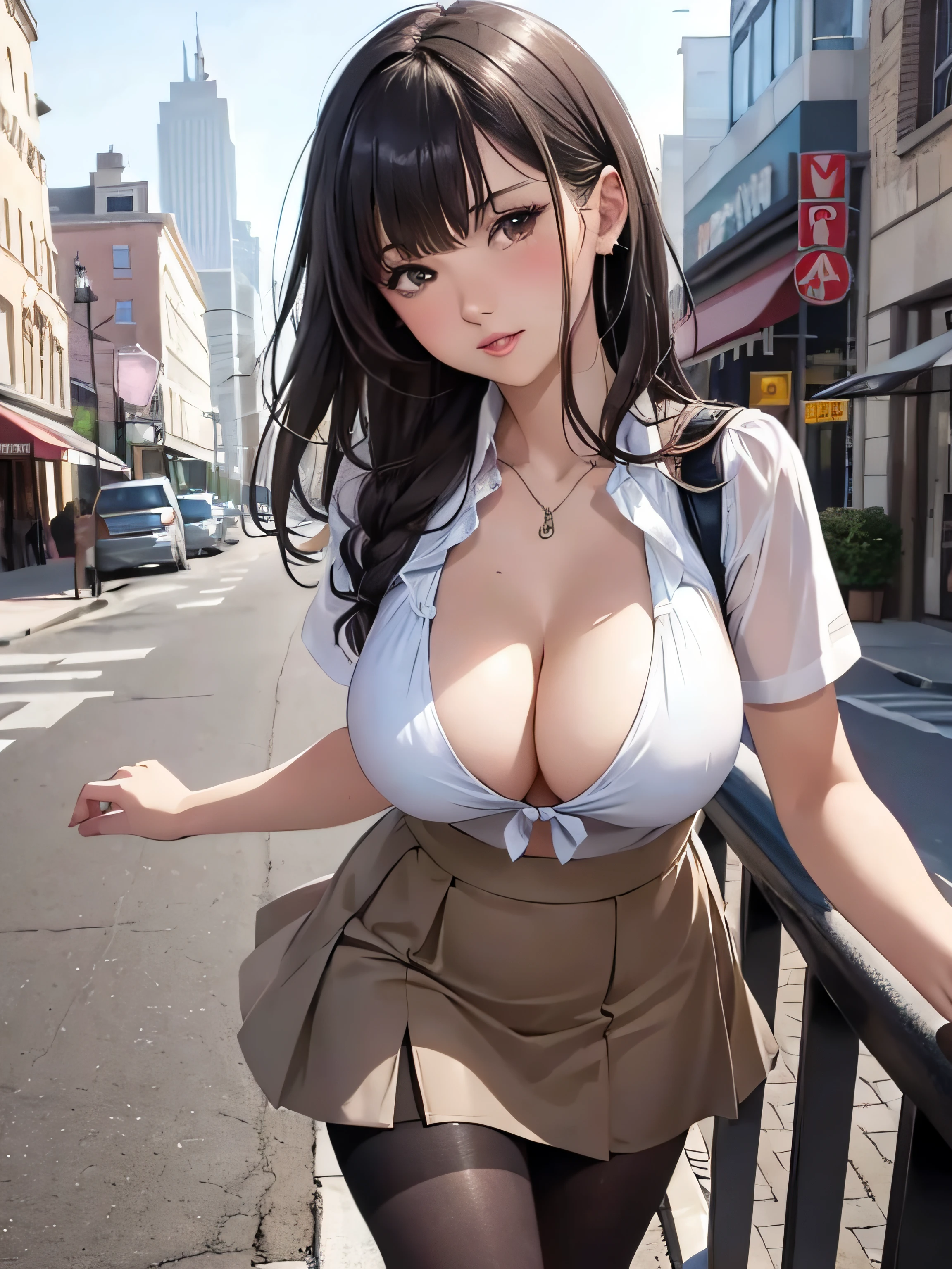 girl in summer clothes, medium flared skirt, pantyhose, making like she wants to kiss you, view from viewer, medium breasts, cleavage, cityscape, flirtatious look, ((very detailed)), (perfectly detailed face), (well detailed hand) photorealistic image.