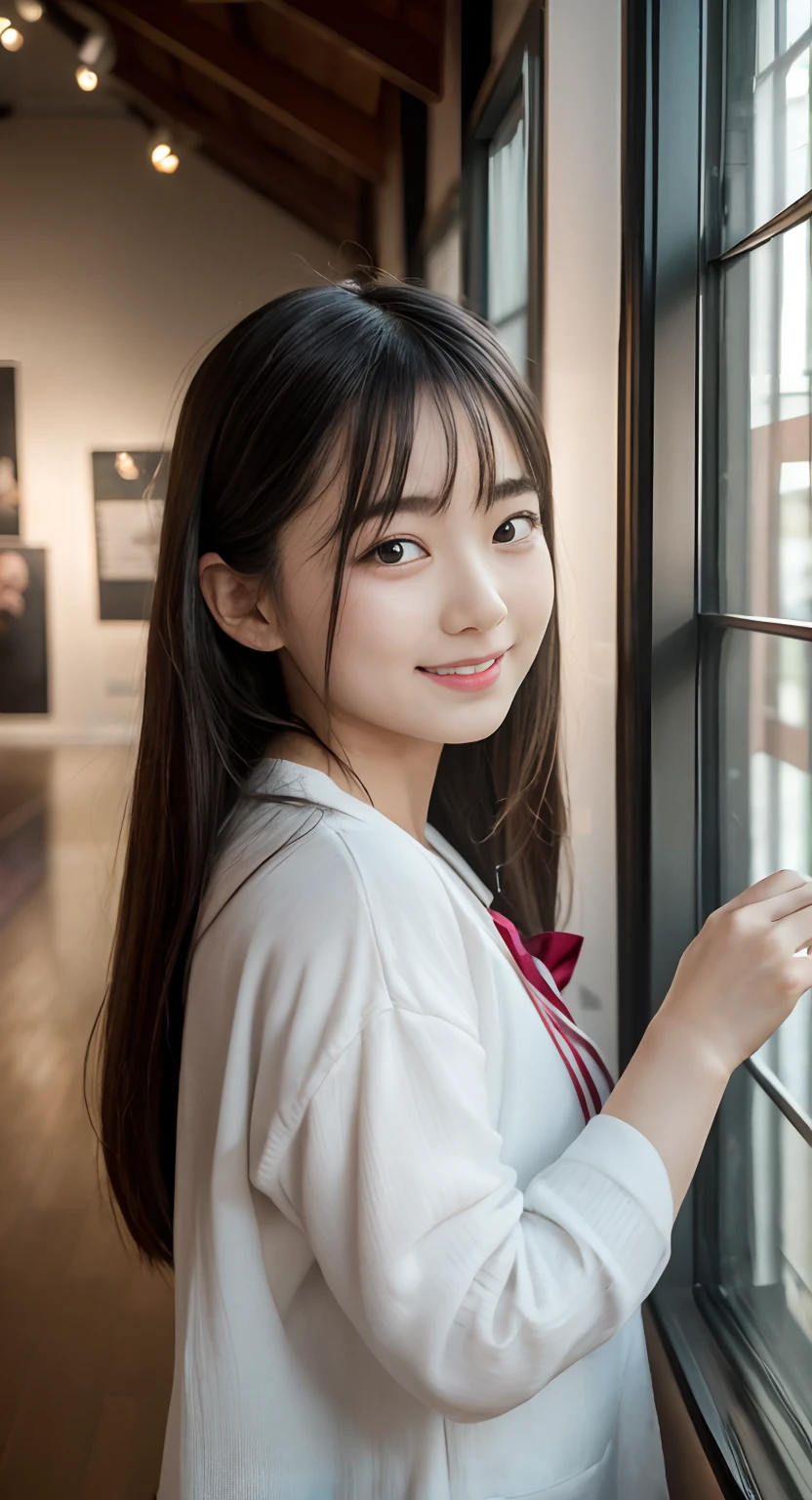 (top-quality、masterpiece:1.2)、Best Quality、realisitic、photoshot、hight resolution、1080p、8K、Textured skin、Physical Rendering、1 Japan Girls、High 、kawaii、Young Face、Rolled hair、(Inside the museum:1.5)、Autumn outfit、full of shyness、smil、Big