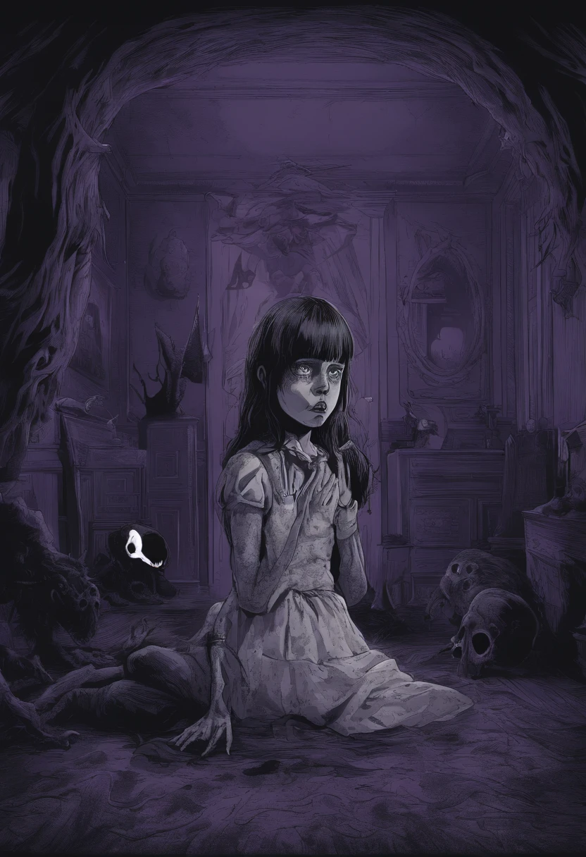 A frightened teenager with a lolita outfit, on knees, tenant un ours en peluche, in the middle of a dark purple room, Demons catching him, Shadow Monsters, childhood trauma, cauchemar