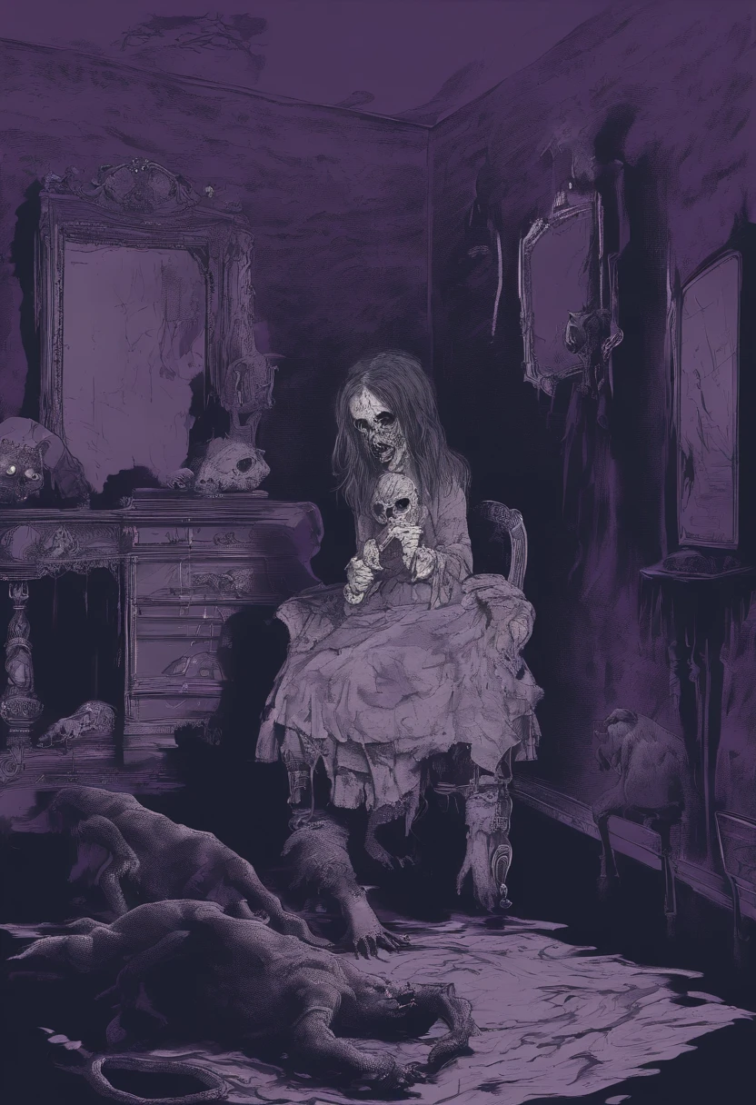 A frightened teenager with a lolita outfit, on knees, tenant un ours en peluche, in the middle of a dark purple room, Demons catching him, Shadow Monsters, childhood trauma, cauchemar