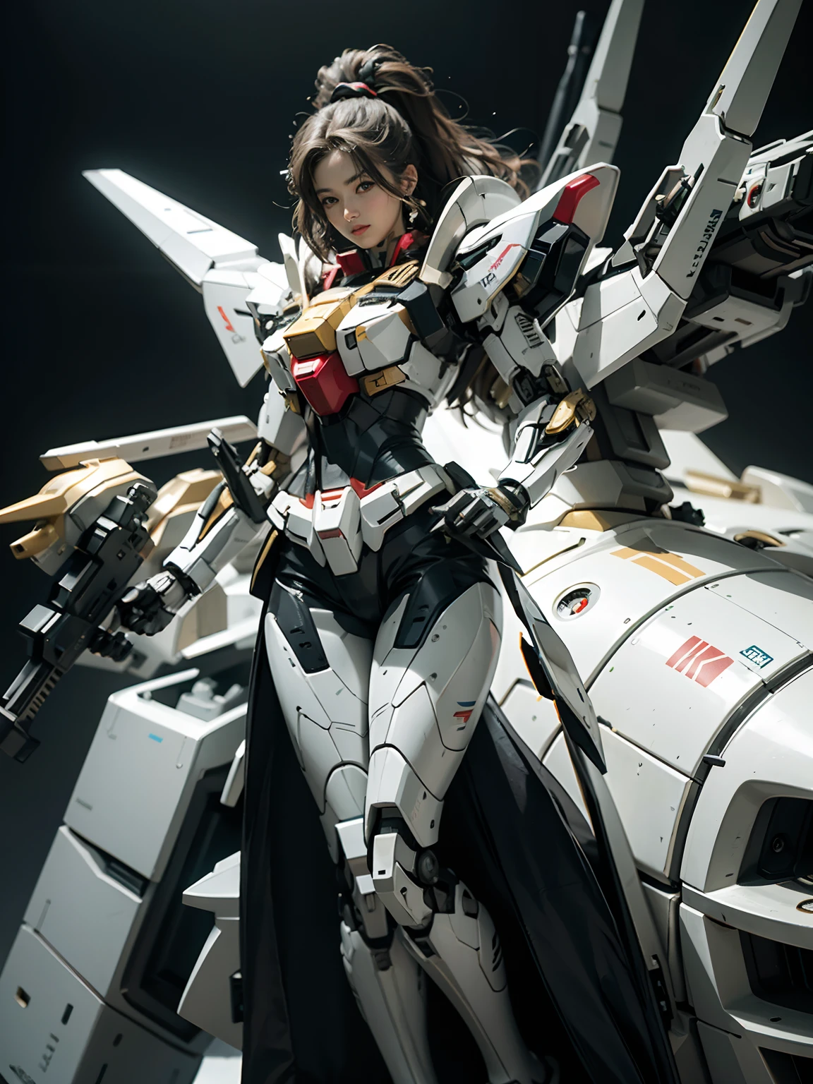 Textured skin, Super Detail, high details, High quality, Best Quality, hight resolution, 1080p, hard disk, a beauty、She wears a futuristic Gundam mecha(Gundam)
