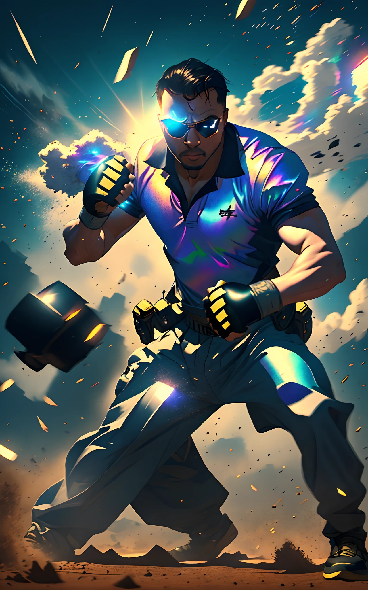 Black man fighting his shadow on the ground, aggressive punch that disperses dust in the air, dust particles floating in air, action movie scene fight, john woo movie, zack snyder movie, Christopher Nolan movie, moonlight reflecting on the dust particles, with iridescent light, photorealistic image, 32k, ultra HD, cinematic lighting, artgerm style --auto --s2