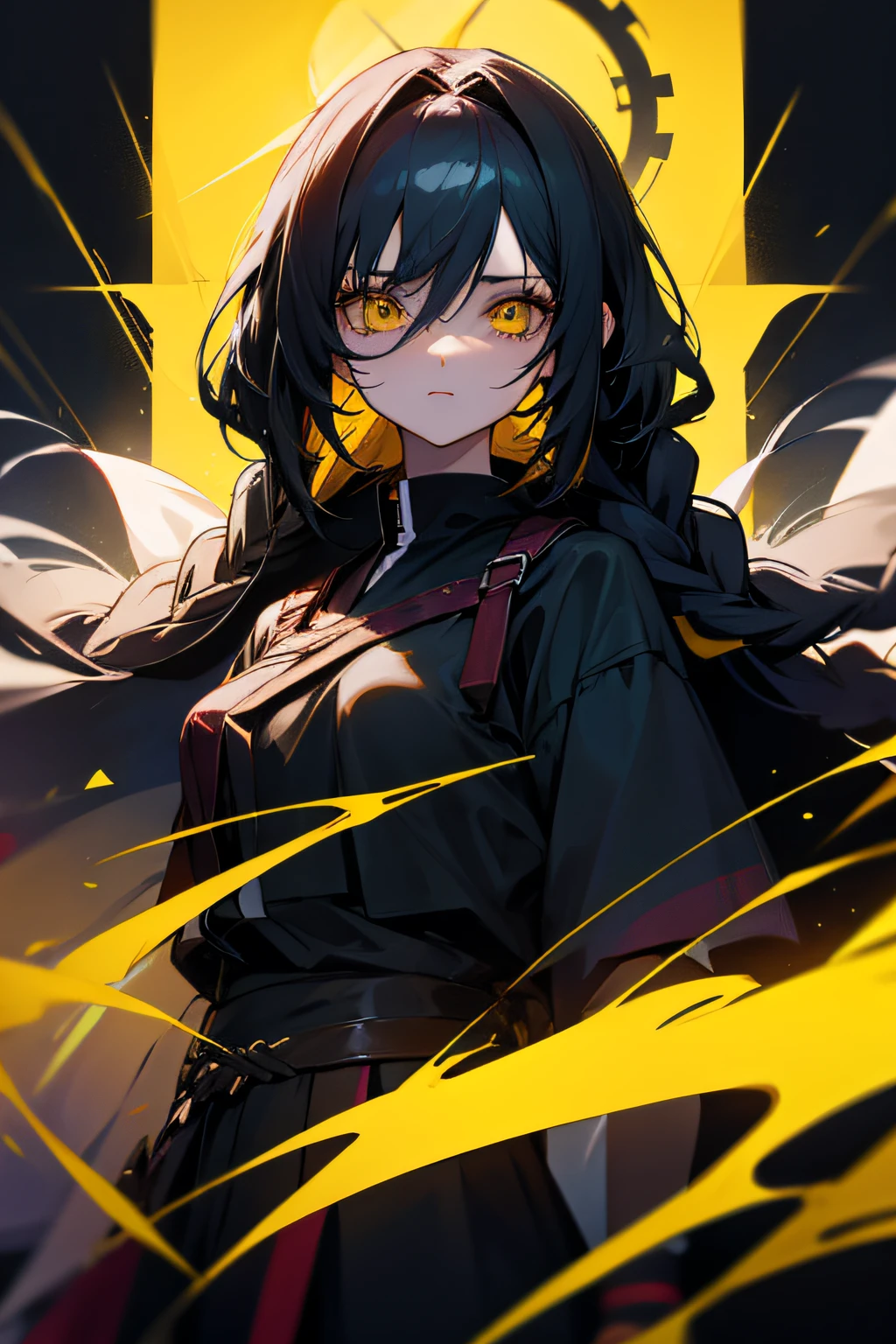 Anime girl with a black braid and yellow eyes.