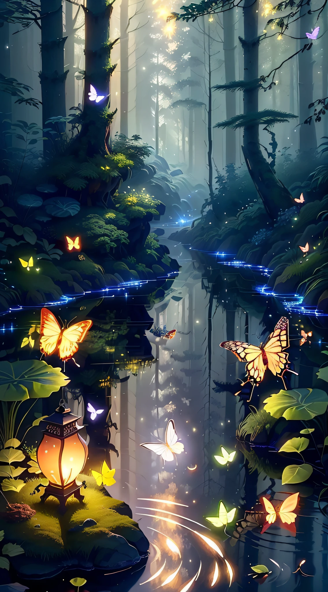 A masterpiece, the best quality, stunning reflections, the best reflections ever. (very detailed CG unity 8k wallpapers), (best quality), (best illustrations), (best shadows), forest theme with natural elements. Tall trees, quiet streams, small glowing mushrooms surrounded by delicate leaves and branches, with fireflies and glowing particle effects,, (natural elements), (jungle theme), (leaves), (twigs), (fireflies), butterflies, (delicate leaves), (glow), (particle effects). , Isometric 3D, Octane Rendering, Ray Traced, Super Detailed