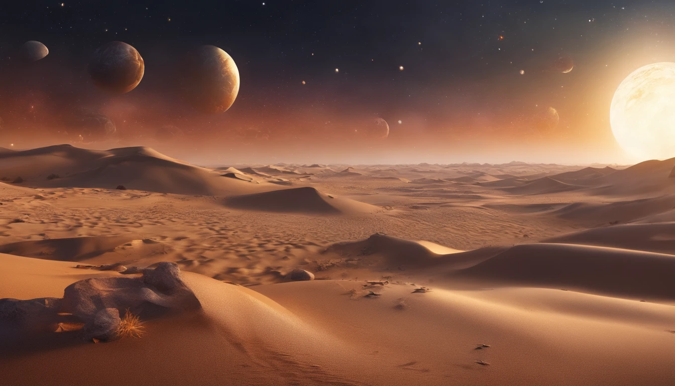 huge planet, Barren desert, the night, starrysky, surrealism, masutepiece, hight resolution, 16 K