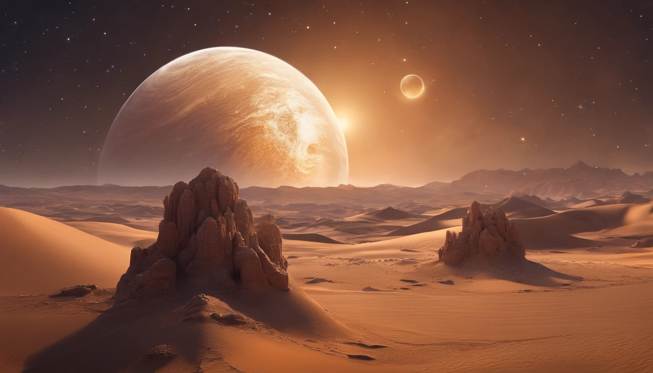 huge planet, Barren desert, the night, starrysky, surrealism, masutepiece, hight resolution, 16 K