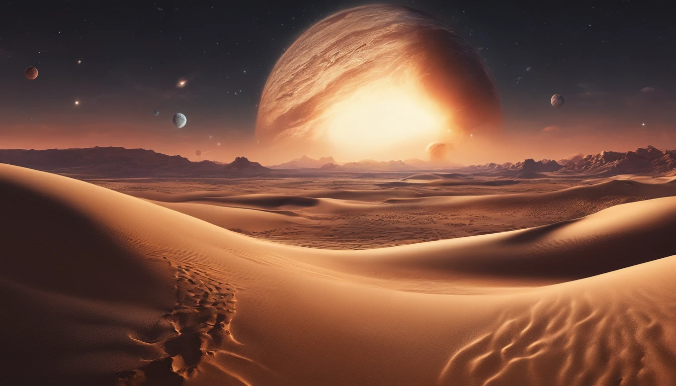 huge planet, Barren desert, the night, starrysky, surrealism, masutepiece, hight resolution, 16 K