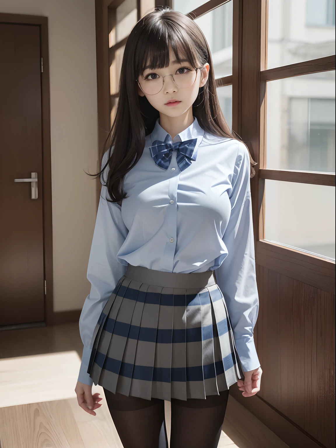 (8K、Raw photography、top-quality、masterpiece:1.2),Bullish,Muchimuchi,Erotic,Pupils,Light Blue Bra,de pele branca,kne,(Black pantyhose),absurderes,large full breasts,Parting the bangs from the middle、Forehead visible,a cold expression、masterpiece,top-quality、超A high resolution,Raw photo,ren,Beautiful fece,One Person, 独奏,eye glass,,Dark look,fullllbody、cute little、JK school uniform,hi-school girl,A Japanese Lady,is standing,(Photorealsitic:1.37)、Photon mapping,Realistic、Cute little face,Brown-eyed、Black socks、(Red bow tie)、Radio City、Physically Based Rendering、Foreground、depth of fields、Blurry background、a picture,The girls、Body,beauty legs, Long legs, Thin leg,Ponytail with hair tied in one knot,(Bangs are visible), hair, s lips, Blue_The eye, nosesoft,(Light blue shirt), (Navy and blue and white plaid pleated skirt), Knees are visible,Sheer clothing,, Thigh, Black cotton socks,Nogizaka Idol, 女優, Japanese ido